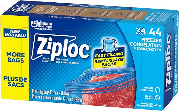 Ziploc Medium Freezer Bags, Prevents Freezer Burn, Microwave & Freezer Safe, New Stay-Open Design, Stand-Up Bottom, 44 Count - 1