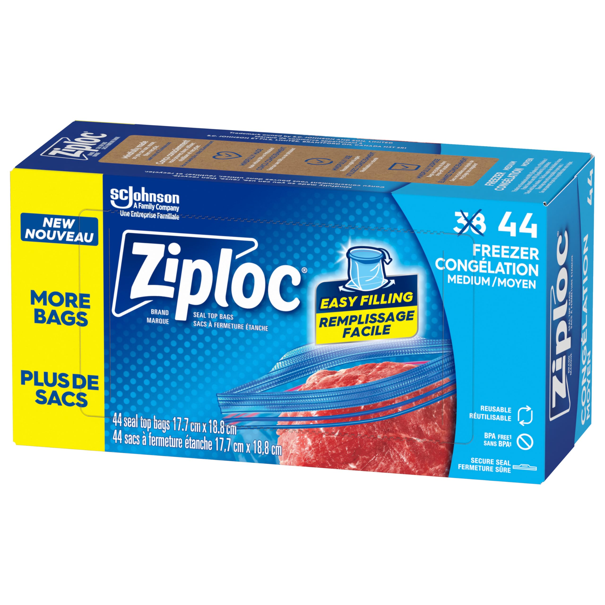 Ziploc Medium Freezer Bags, Prevents Freezer Burn, Microwave & Freezer Safe, New Stay-Open Design, Stand-Up Bottom, 44 Count