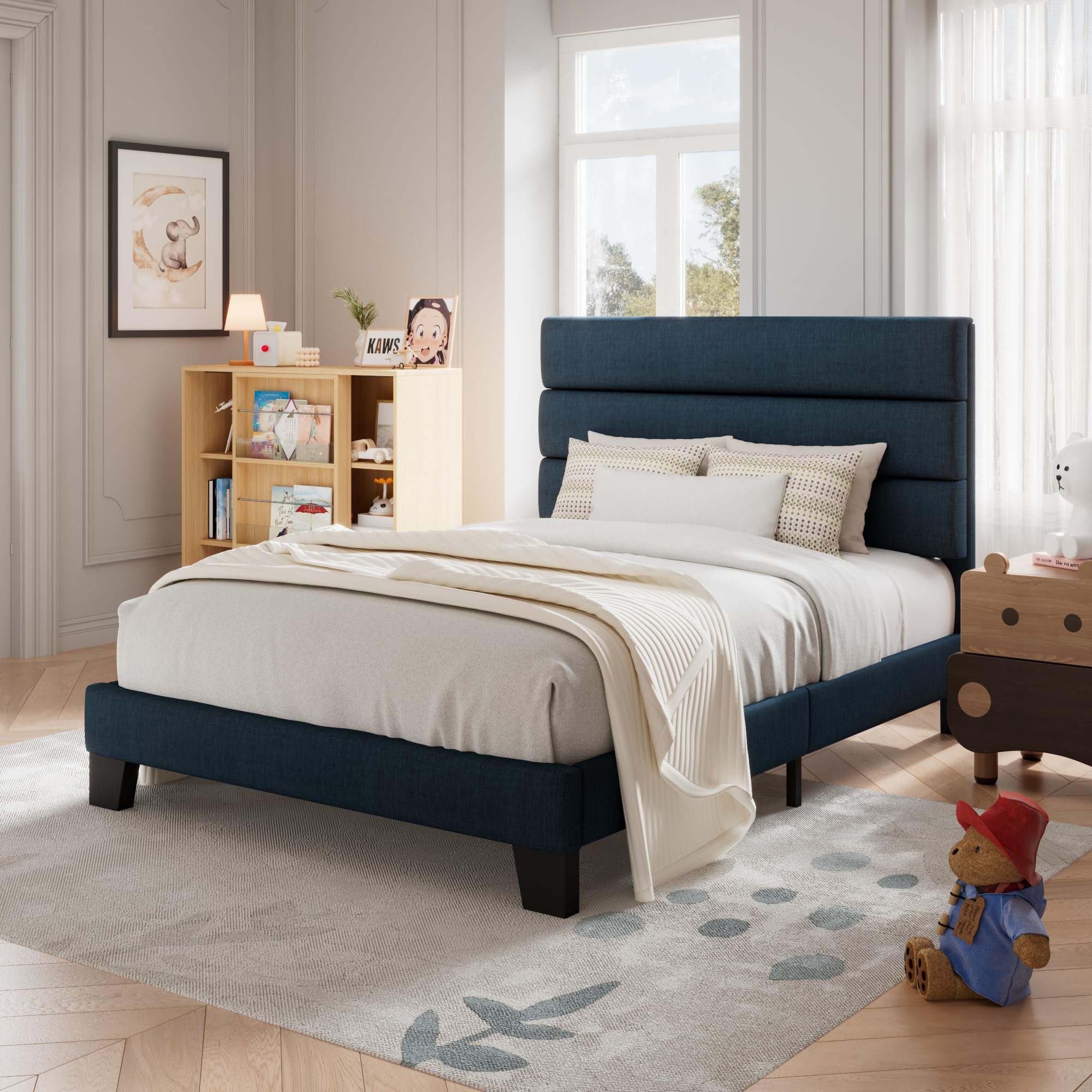 Allewie Twin Size Platform Bed Frame with Fabric Upholstered Headboard and Wooden Slats Support, Fully Upholstered Mattress Foundation/No Box Spring Needed/Easy Assembly, Navy Blue