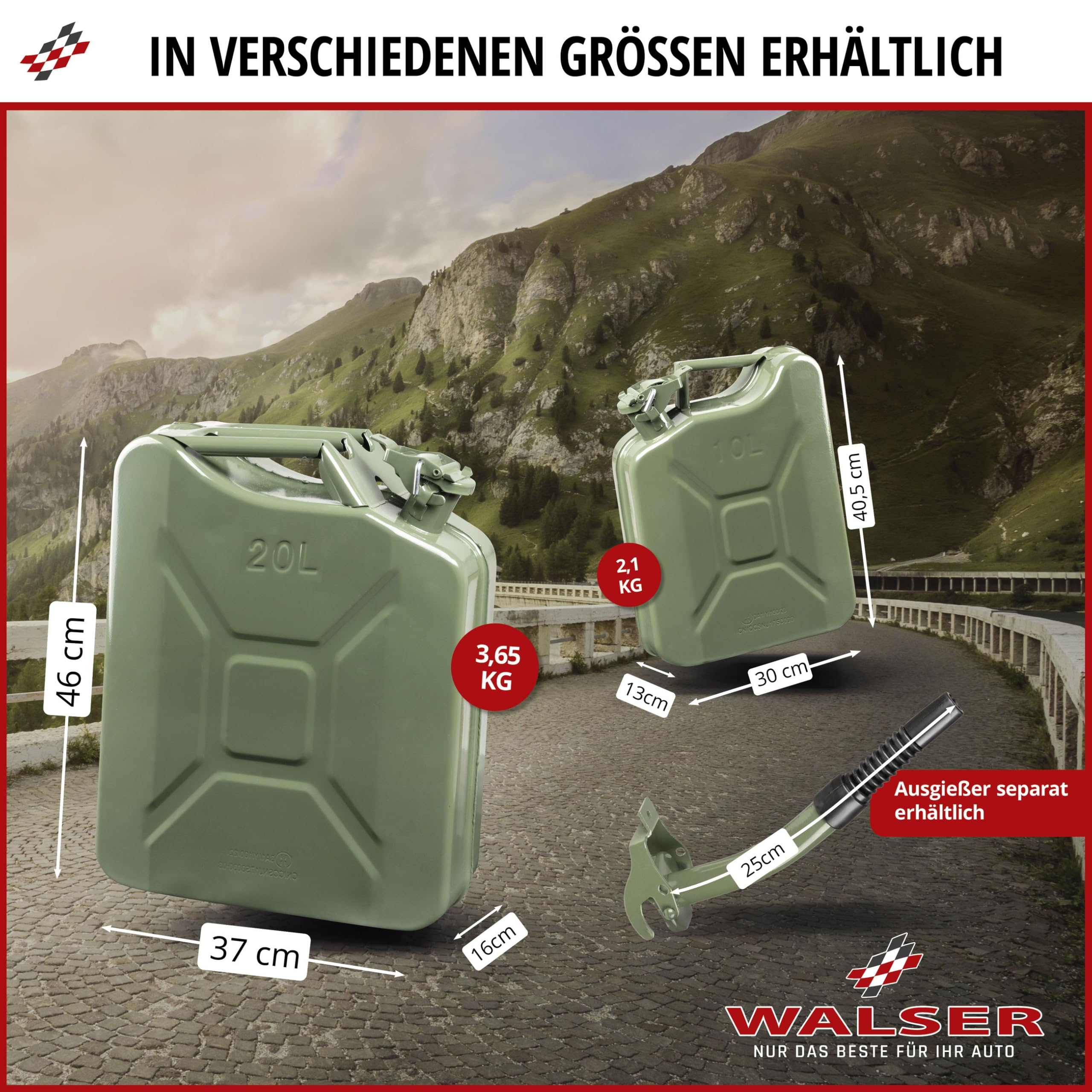 WALSER bidón gasolina metal 10 litros, bidón gasóleo metal certificado ONU con tapón de seguridad, bidón gasolina, bidón combustible metal, bidón gasolina metal verde oliva 30x13x40,5 cm