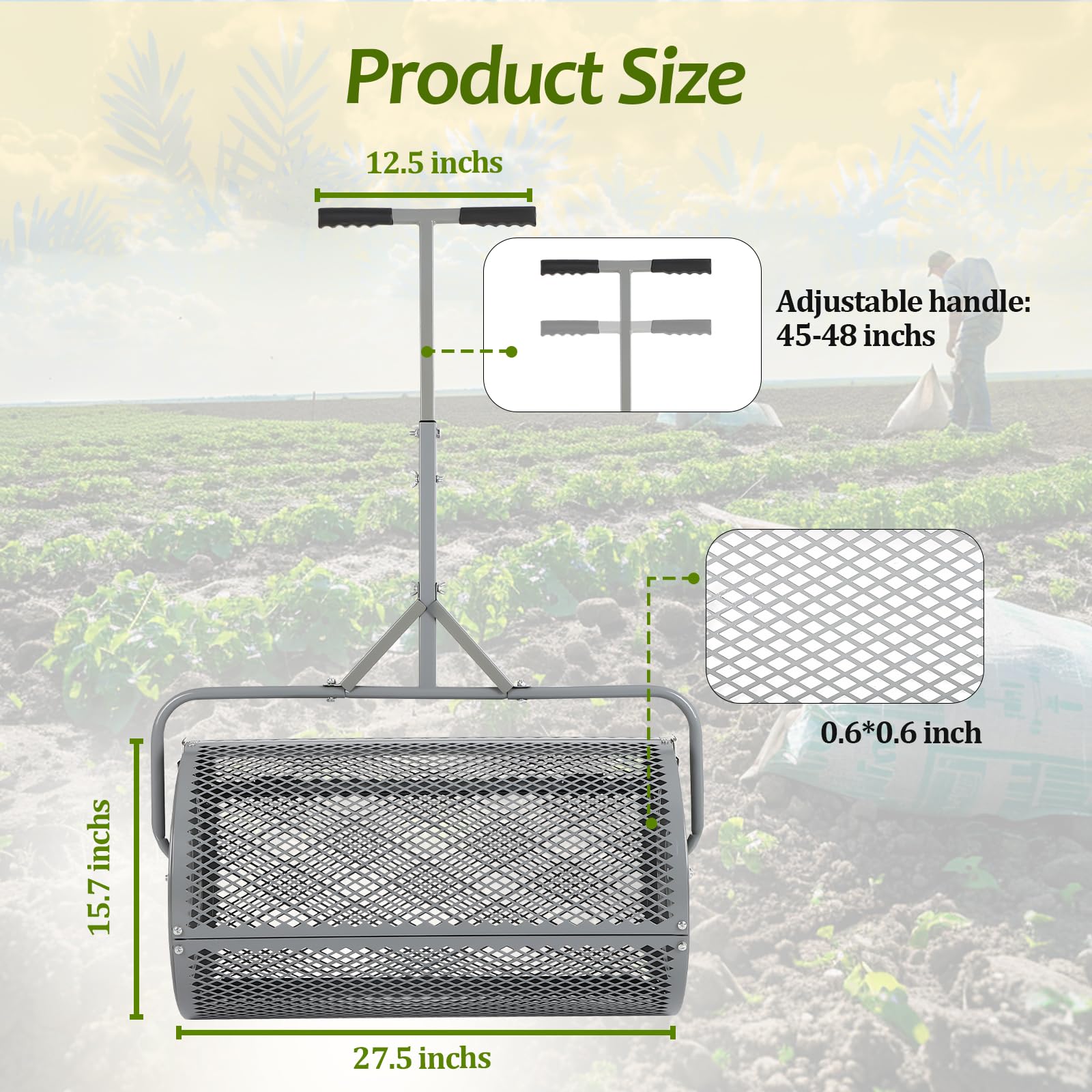 FAHKNS Esparcidor de abono para césped y jardín, esparcidor de Rodillos de Metal de 27 Pulgadas con Mango Ajustable, esparcidor de Fertilizante Resistente para Trabajos en el Patio, Color Gris