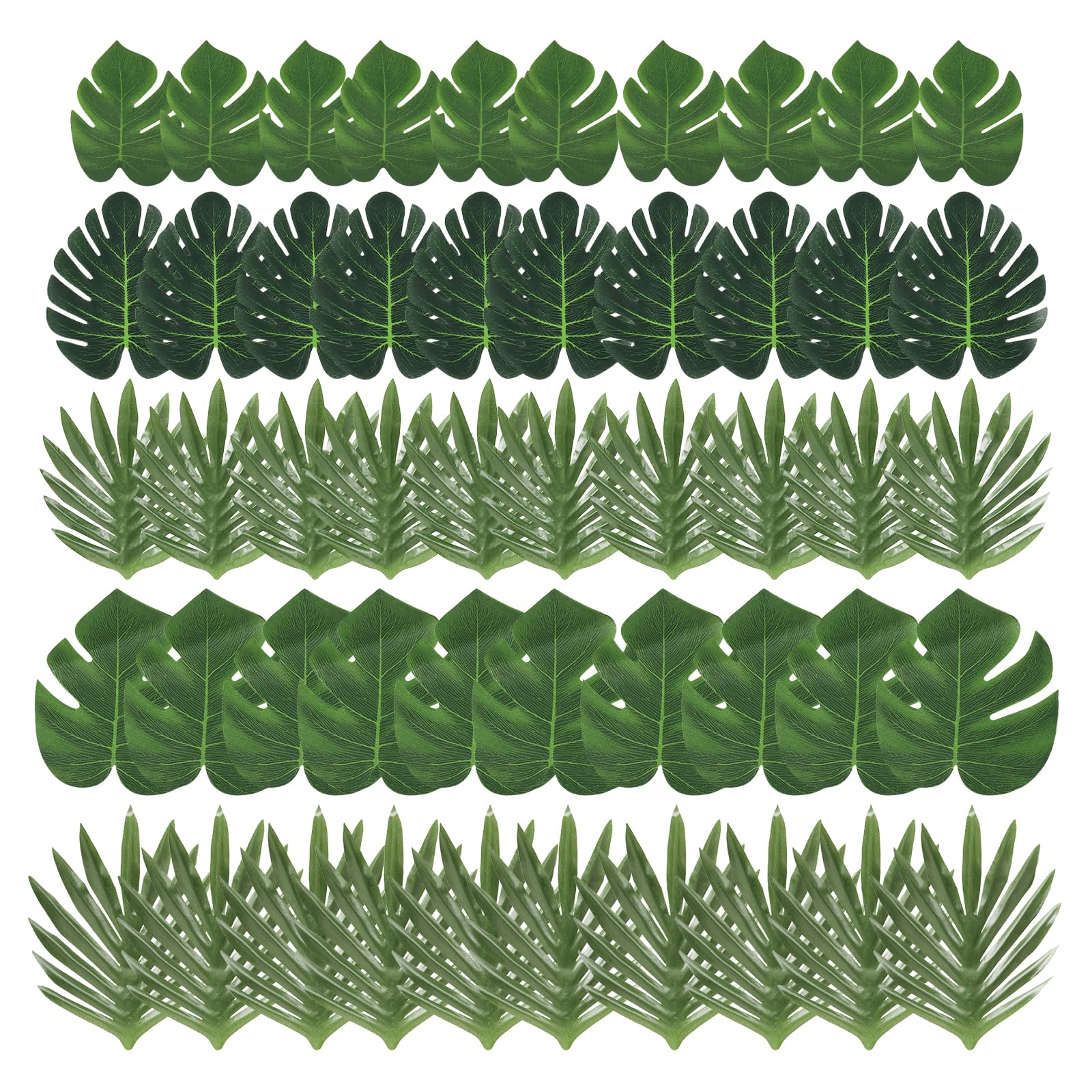 50 pezzi di foglie di palma artificiali, 5 dimensioni di foglie artificiali per decorazioni giungla, foglie artificiali per giungla, foglie di Monstera per piante artificiali a tema giungla