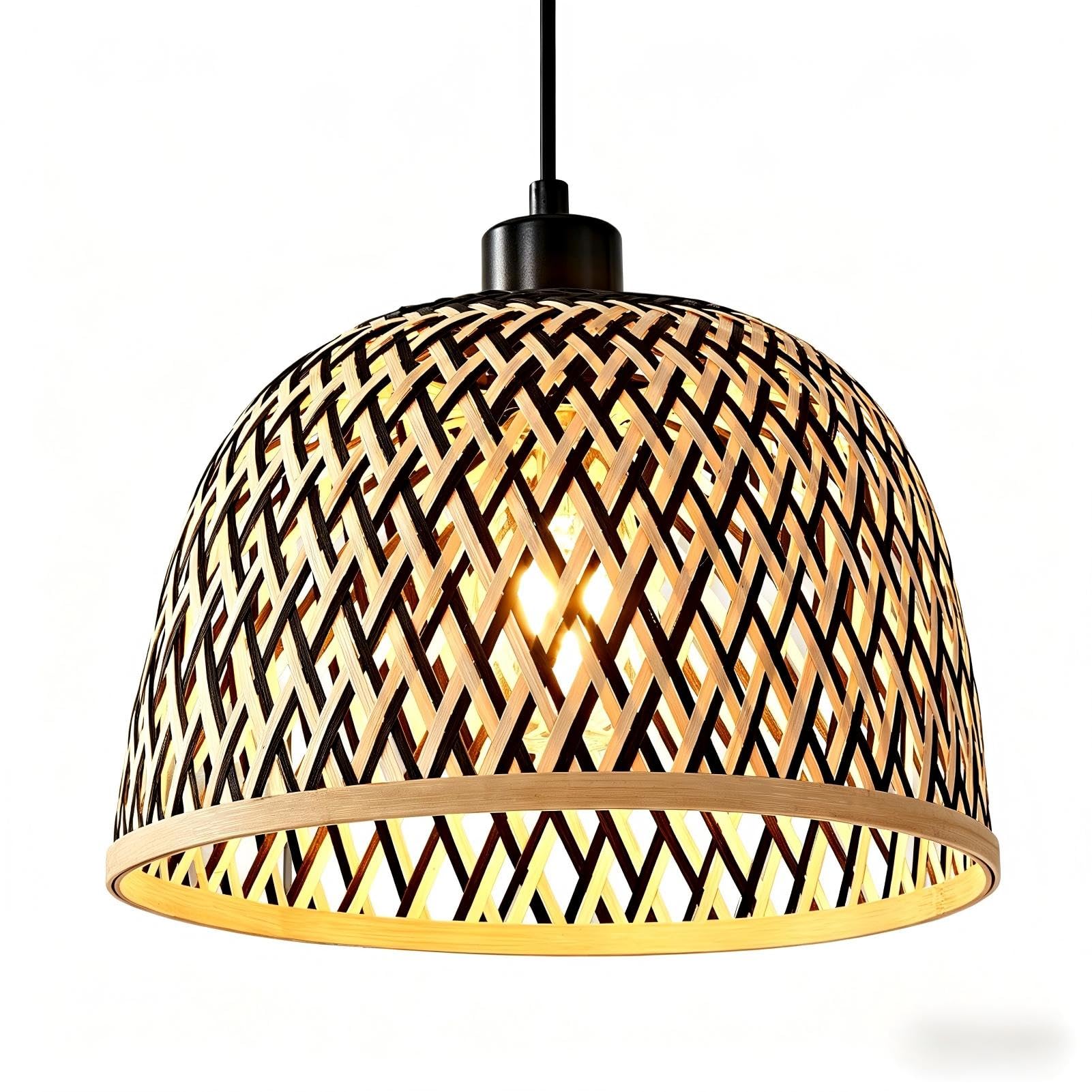 HARPER LIVING Easy Fit Pendant Light Shade, Handwoven Bamboo Shade with Reducer Ring, Black & Natural Colour, 28cm E27/B22 Ceiling Light Cover for Bedroom Living Room Dining Room Hallway