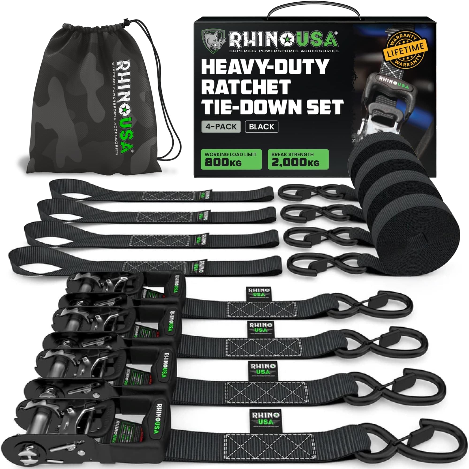 Rhino USA Ratchet Straps Heavy Duty Kit (4-Pack) - 4cm x 2.4m (2,000kg Break Strength) - Ultimate Tie Down Straps with Safety S Hooks for Trucks, ATV, UTV, Motorcycle, Cargo & More - Black