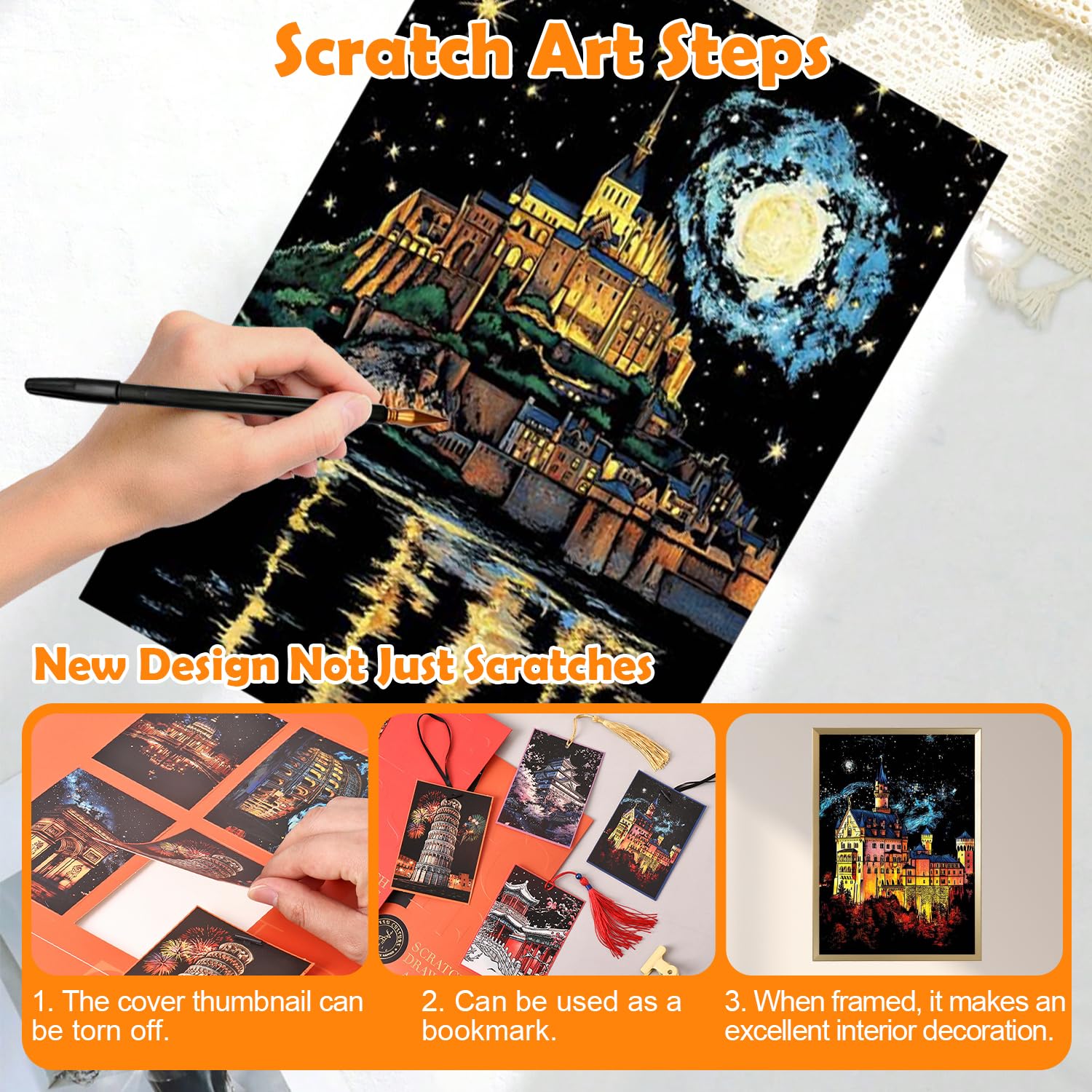 Kit complet de 8 outils pour la gravure à gratter, Collection Ville - Monuments - Scène nocturne - Planches à gratter à faire soi-même - Kit créatif pour adultes et enfants