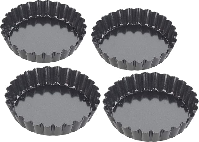 Tala Performance 4 10 cm dia Fluted Tart Dishes, Professional Gauge Carbon Steel with Eclipse Non-Stick Coating, Loose base, Perfect for savoury or sweet tarts, flans, quiches, or desserts