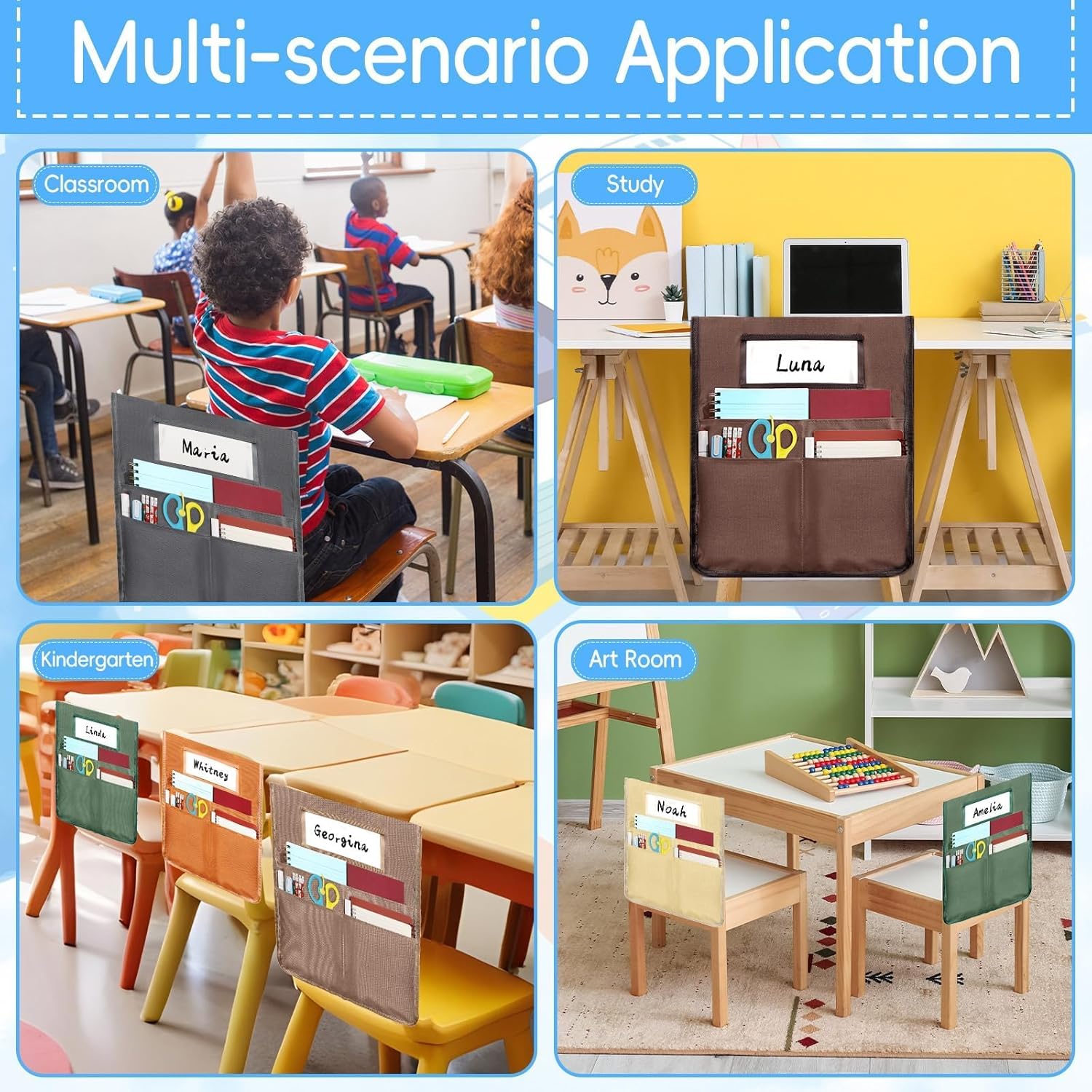 12 Pcs Chair Pockets for Classroom 16.7 x 19.3 inch Seat Sacks with Name Tag for Classroom Chairback Pocket Chart 3 Pockets Chairs Seat Back Organizer for Elementary School Daycare Home Supplies
