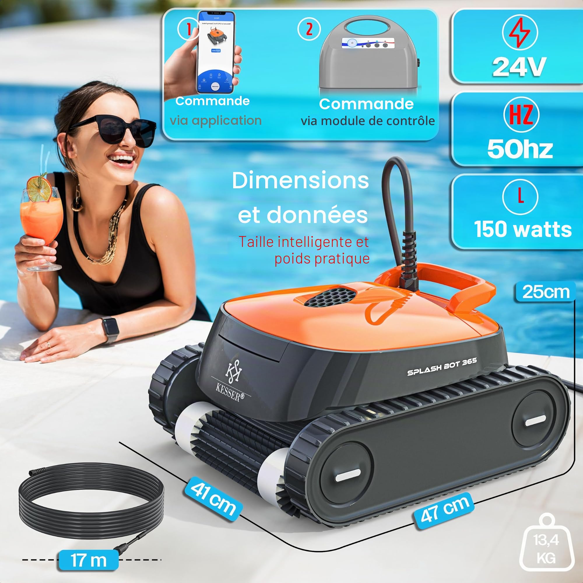 KESSER Robot de piscine pour sol et mur jusqu'à 100 m², nettoyage de ligne d'eau, nettoyeur automatique de piscine avec fonction application et module de commande, aspirateur pour piscine encastrée