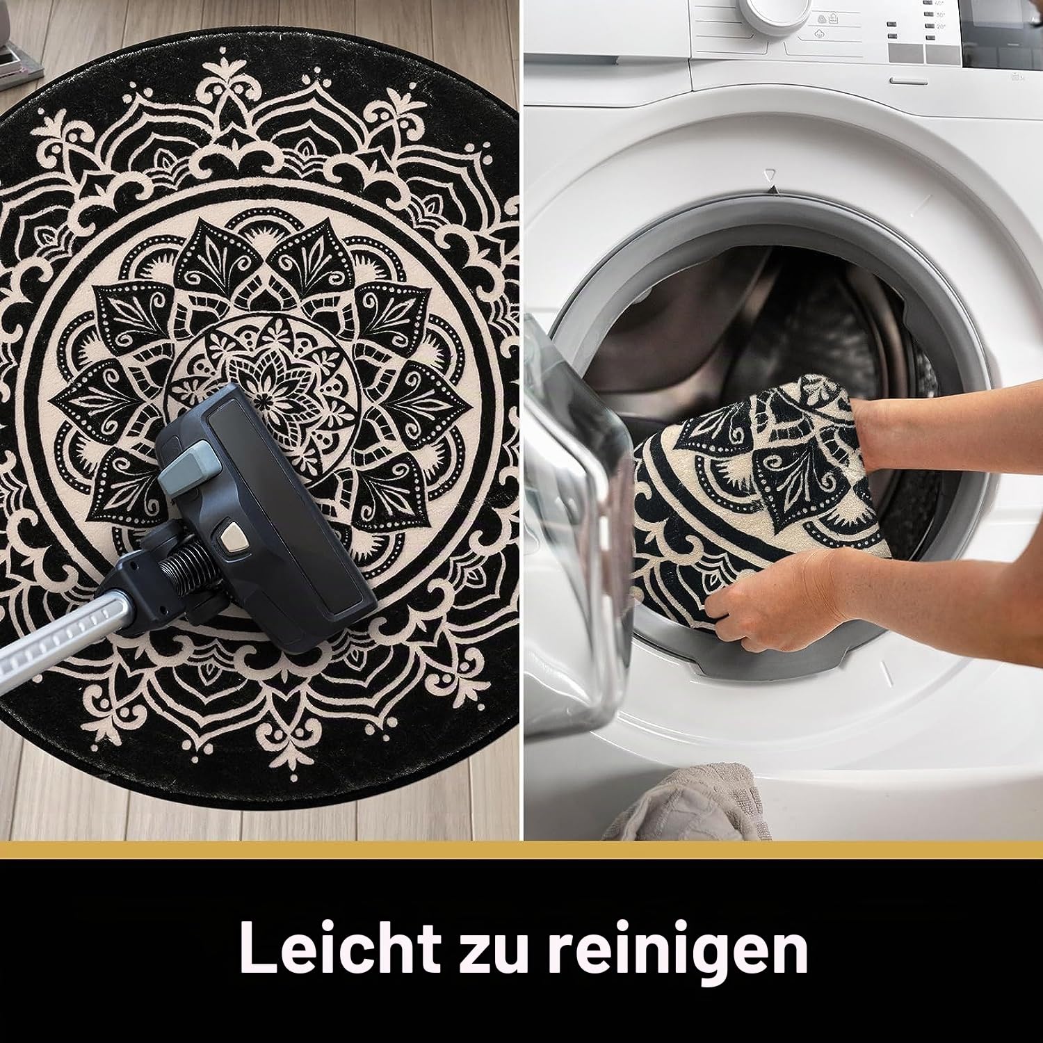 Carvapet Teppich Rund 120cm Weich und Flauschig Teppich Gegend Kreis rutschfest Waschbar Böhmisches Mandala Bodenteppich Wohnzimmer Schlafzimmer(Schwarz)