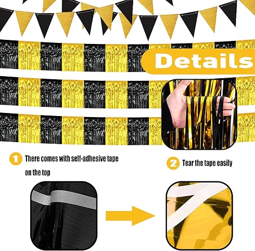 Miniatura 3 de Paquete de 6 guirnaldas de flecos de papel de aluminio negro y dorado de 10 pies, serpentinas metálicas de oropel, pancarta, cortina colgante de
