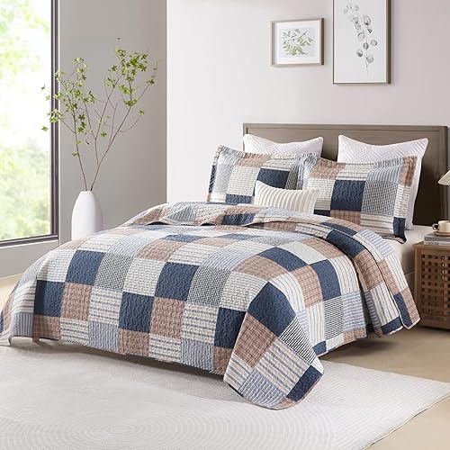 Vista 20 de Y-PLWOMEN Juego de edredón tamaño King, 100% algodón, colcha de retazos blancos con rayo de luna verde, colcha ligera, reversible, suave