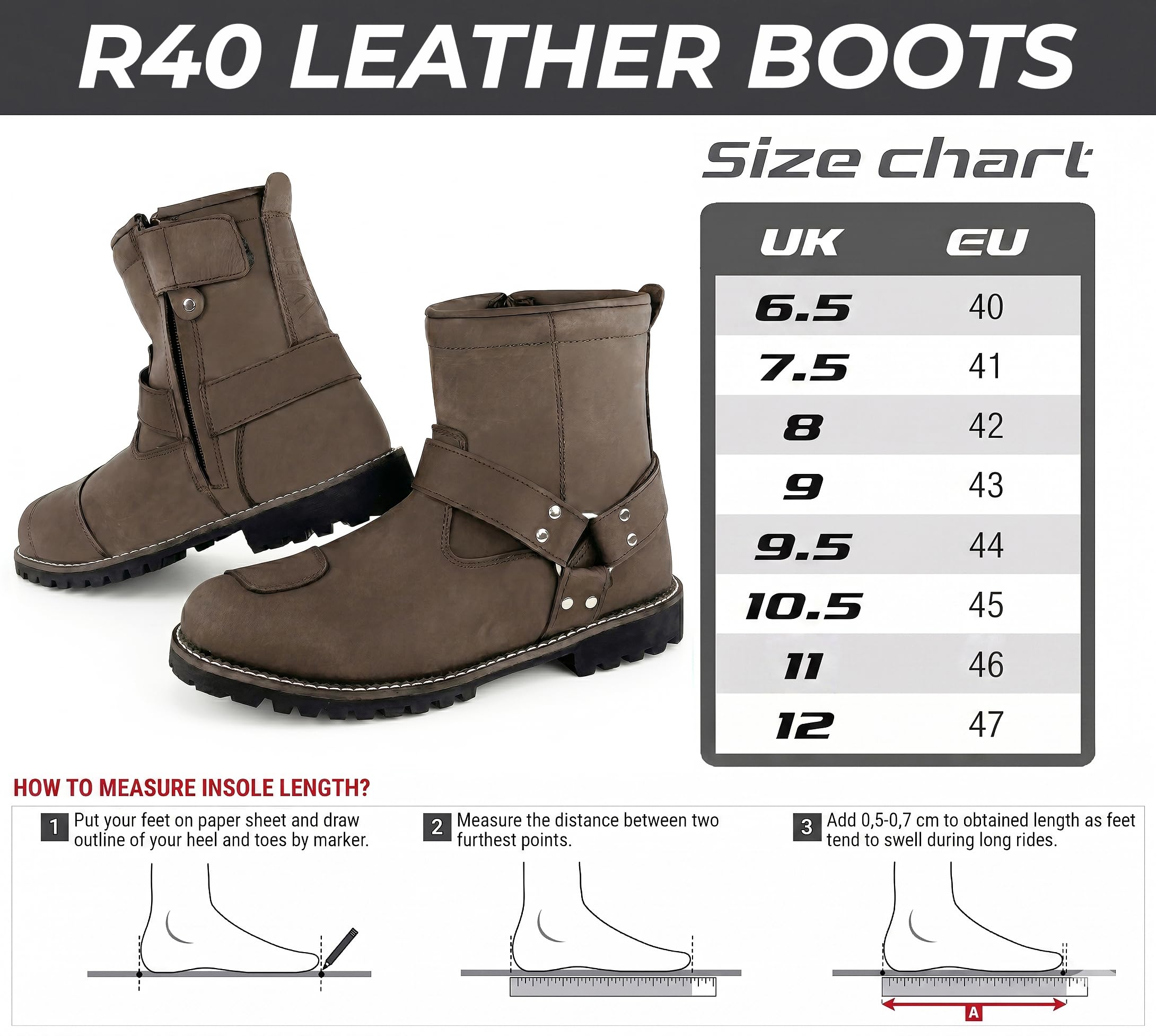 VPR Viper R40 Echtleder CE Motorrad Touren & Reitstiefel Herren - Kurze Knöchel Motorradstiefel Wasserdicht Membran Atmungsaktiv CE EN13634:2020 Schutzschuhe