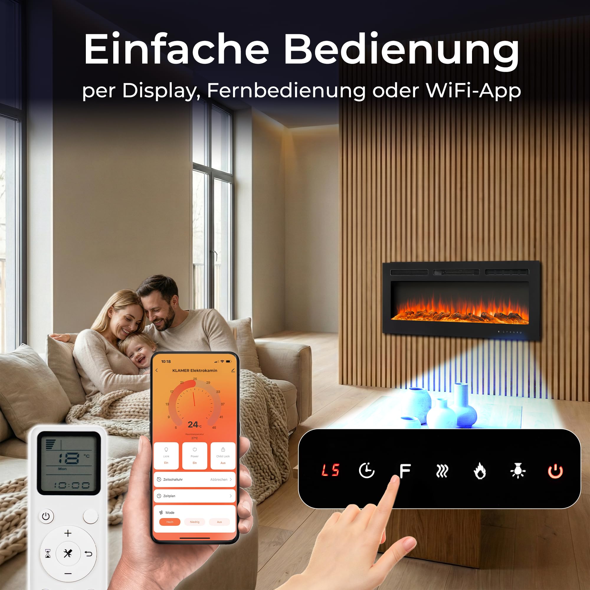 KLAMER Elektrokamin 1800W, Heizlüfter mit Thermostat 18–30°C, 9 Flammenfarben, Timer 1–8h, WiFi App & Fernbedienung, Elektroheizung bis 37m²
