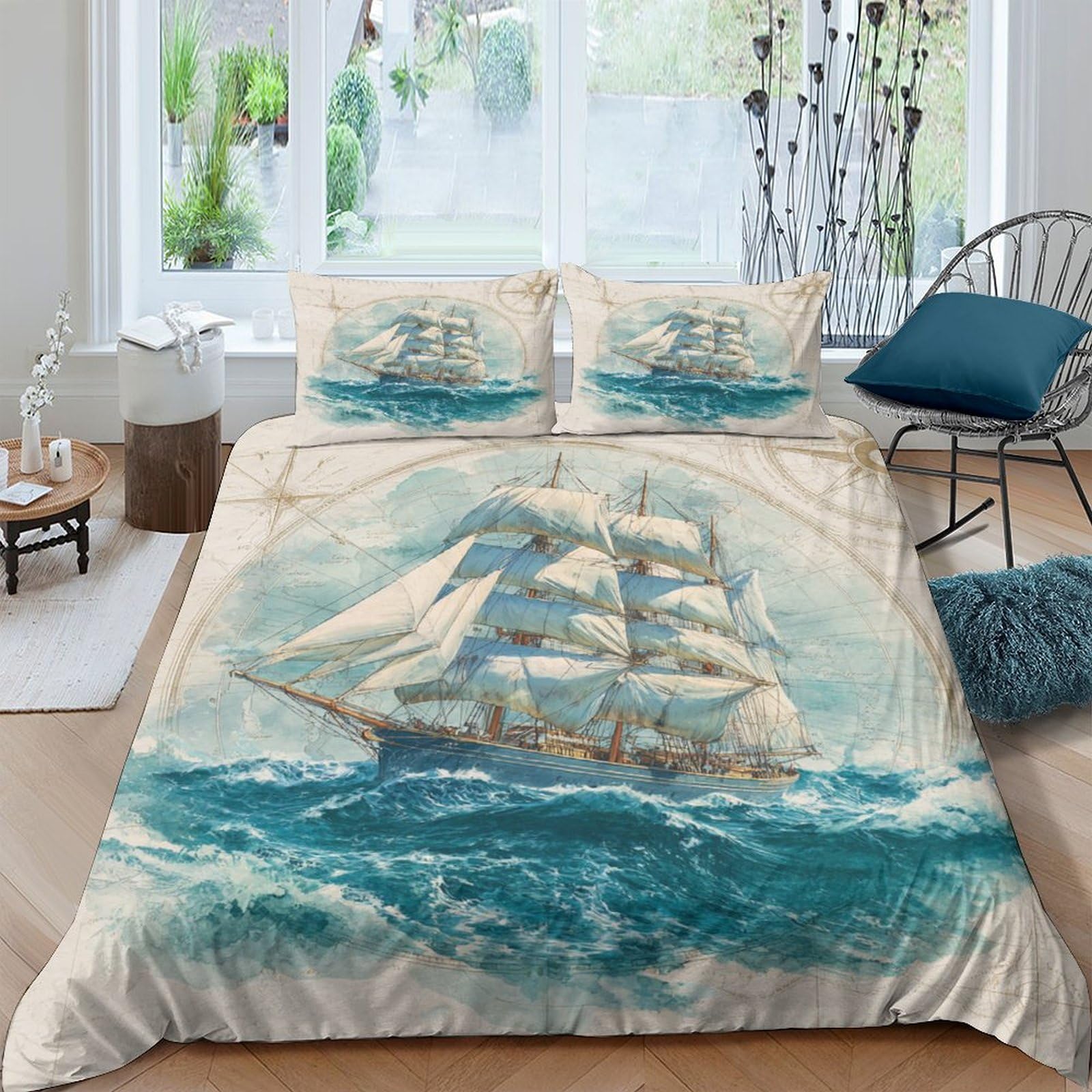 Ctjqhvkz Style-1 3D Printed Sailing Ship Ocean Fitted Sheet Microfiber Soft Breathable Sea Wave Bed Cover For Bedroom Guest Room Single（135X200cm）