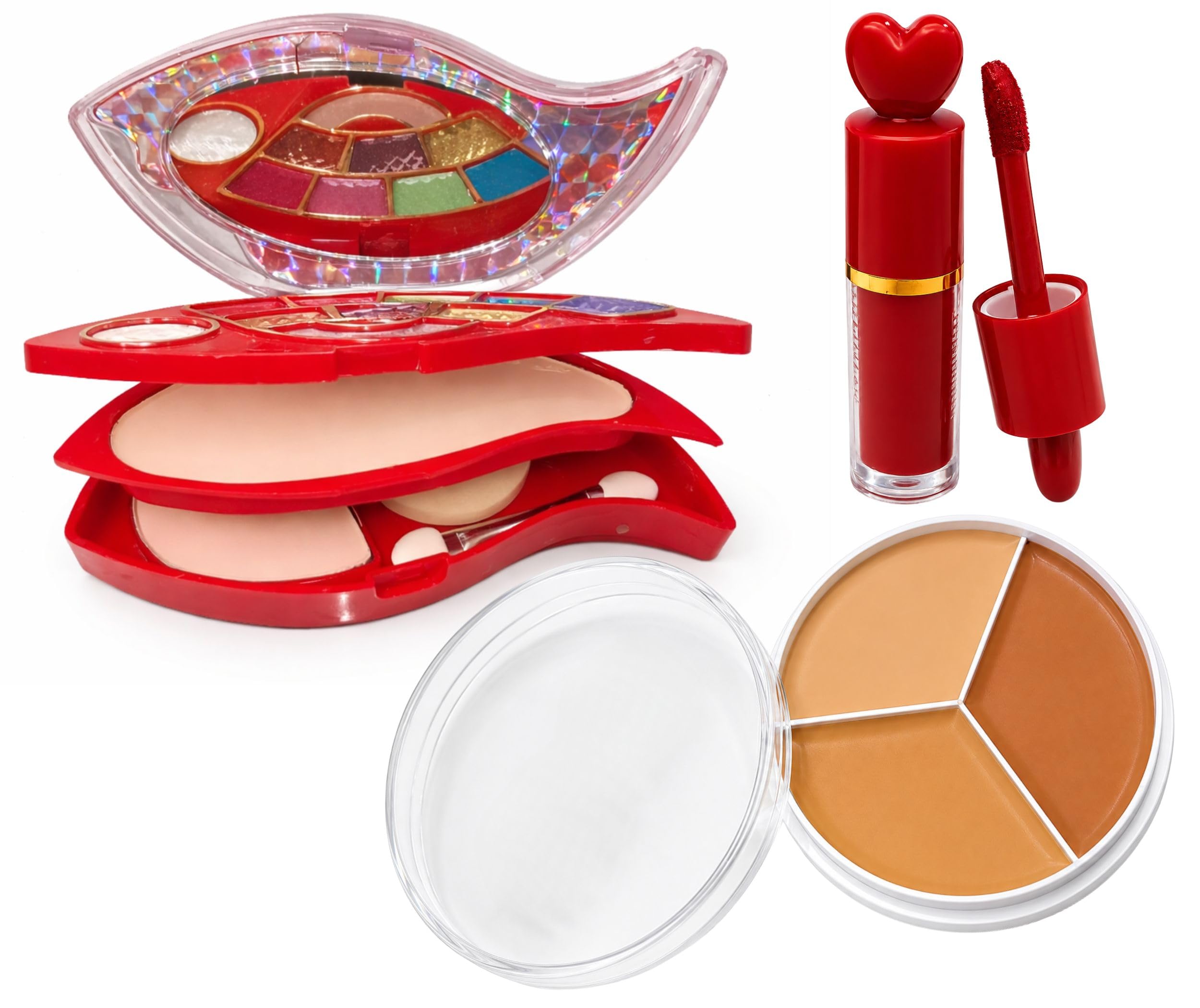 3-in-1 Multi-Layer Vanity Makeup Kit | All-in-One Folding Palette with Eyeshadow & Compact Powder, 3-Color Cream Contour & Concealer Palette, and Red Liquid Lipstick | Complete Cosmetics Gift Set for Women-image-42