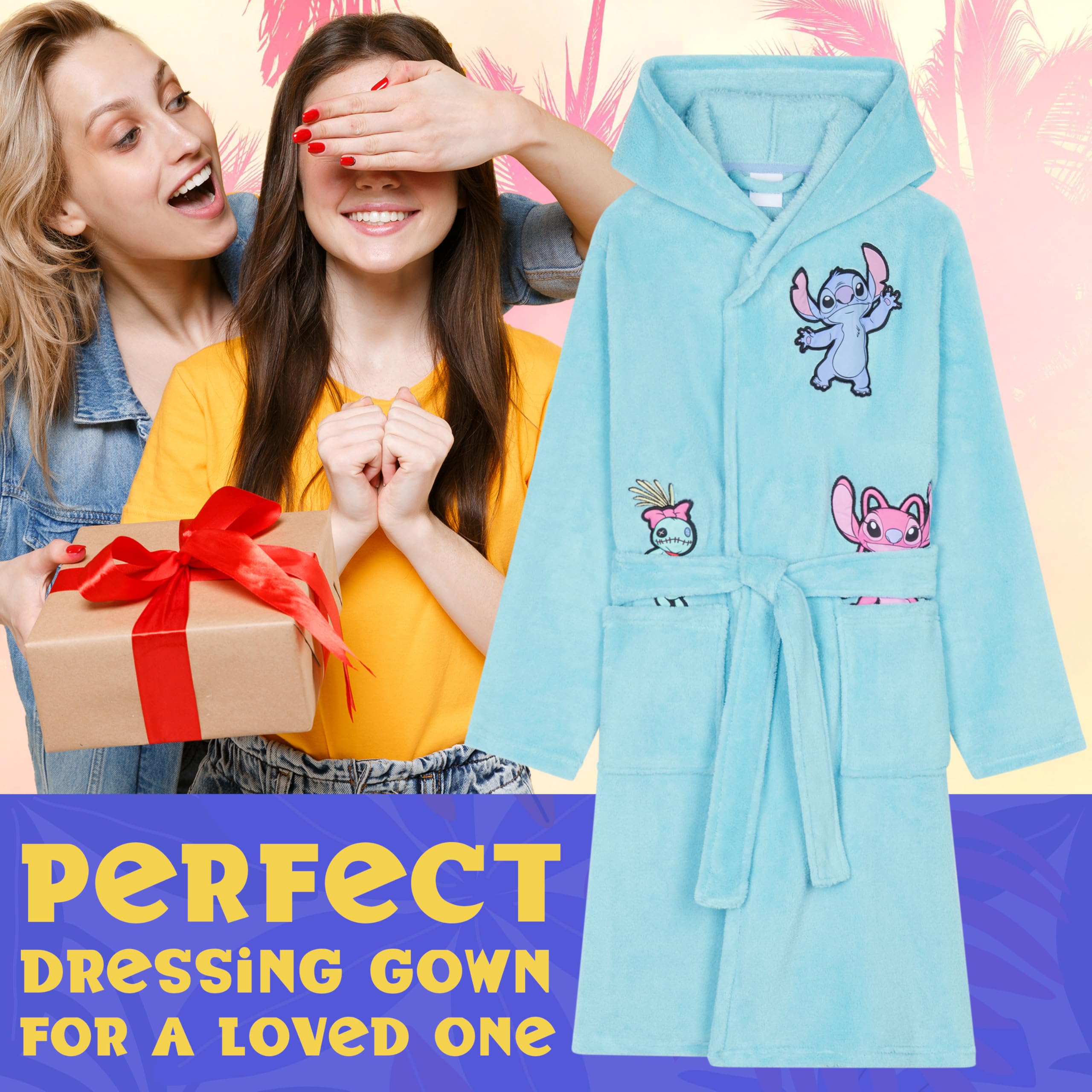 Disney Stitch dziewczęcy szlafrok polarowy z kapturem i kieszeniami, przytulny szlafrok puszysty odzież domowa bielizna nocna - prezenty ze ściegiem