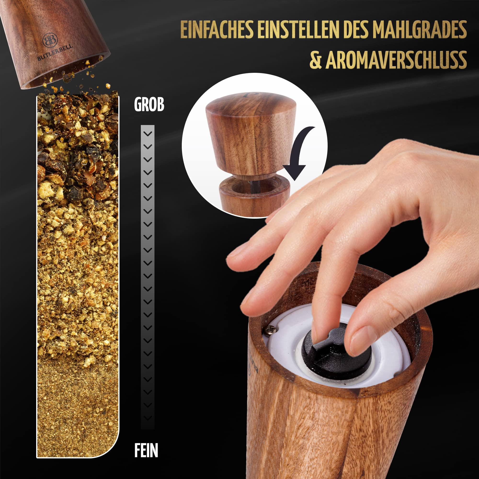 BUTLERBELL® Salz und Pfeffermühle Holz inkl. Untersetzer in Luxus Geschenkbox ideal als Hochzeitsgeschenk | Geschenke zur Hochzeit | Hochzeitsgeschenke für Brautpaar | Einweihungsgeschenk