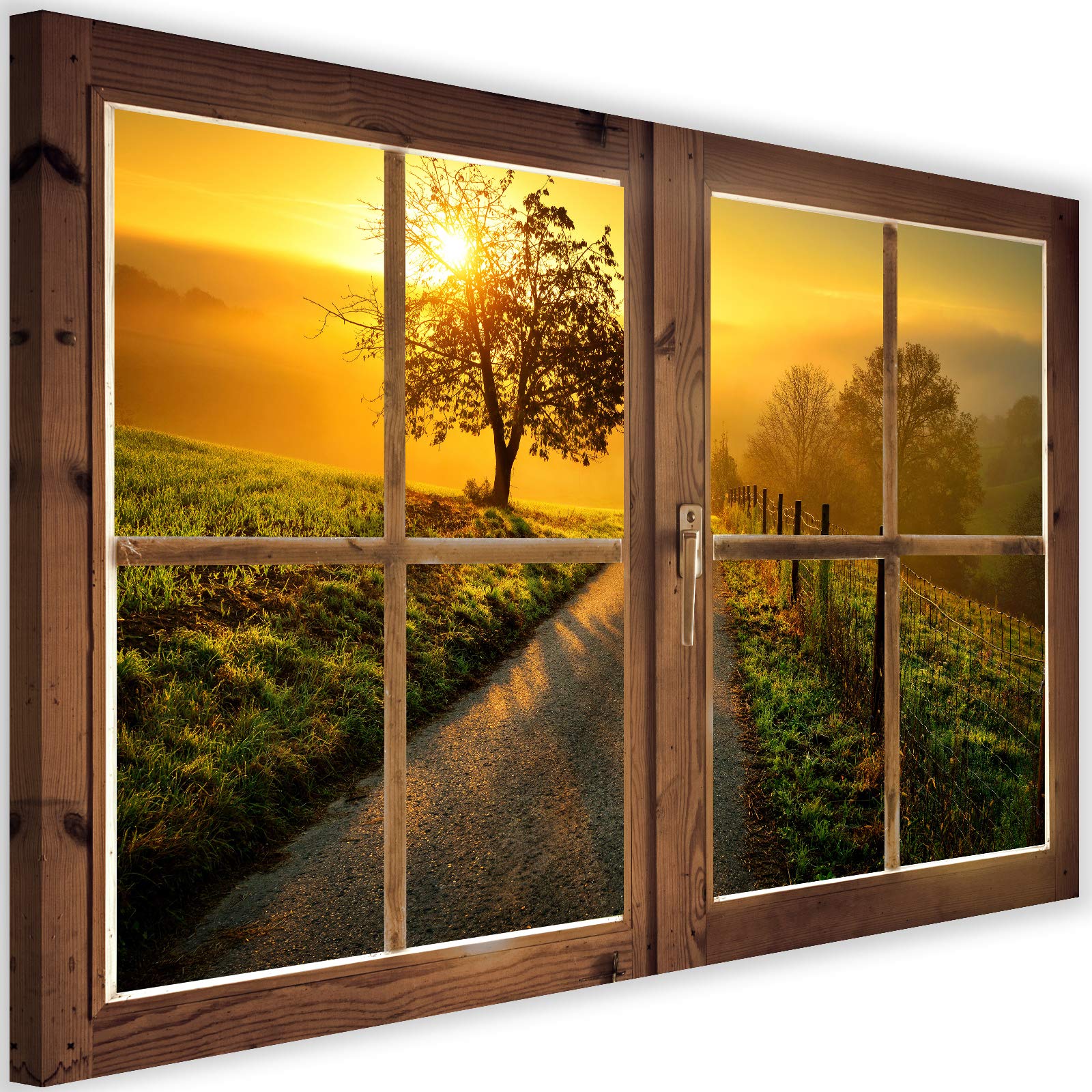 Feeby Obraz na Płótnie Canvas Okno Iluzja 3d 120x80 cm 1-częściowy Obraz na Ścianę Dekoracja Ścienna do Salonu Sypialni Biura Obraz Ścienny XXL Nowoczesny Drzewo Droga Słońce Żółty