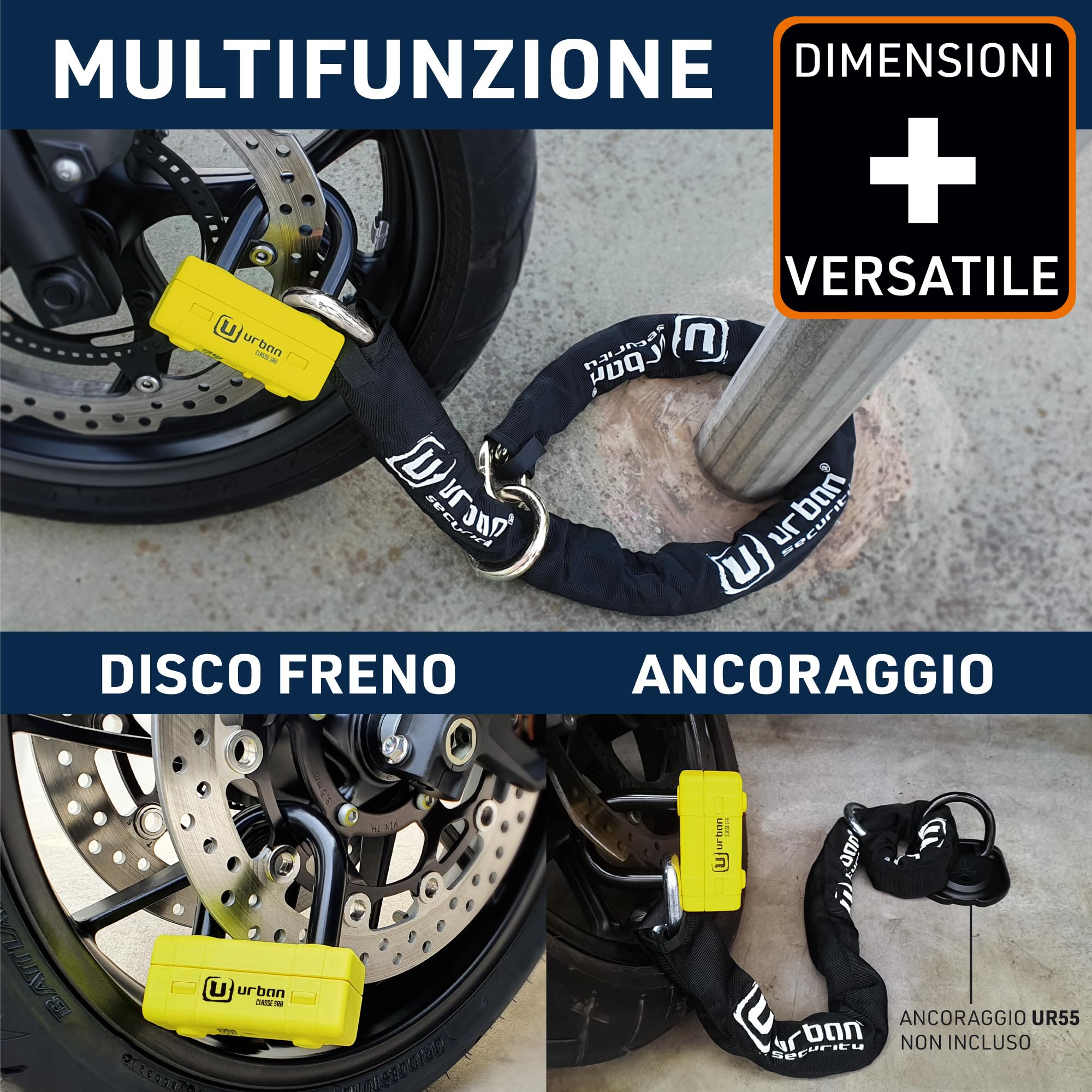 URBAN UR74120L Antifurto per Moto, Alta Sicurezza, Omologato SRA, mini U + Catena ø13,5, lazo 120 cm