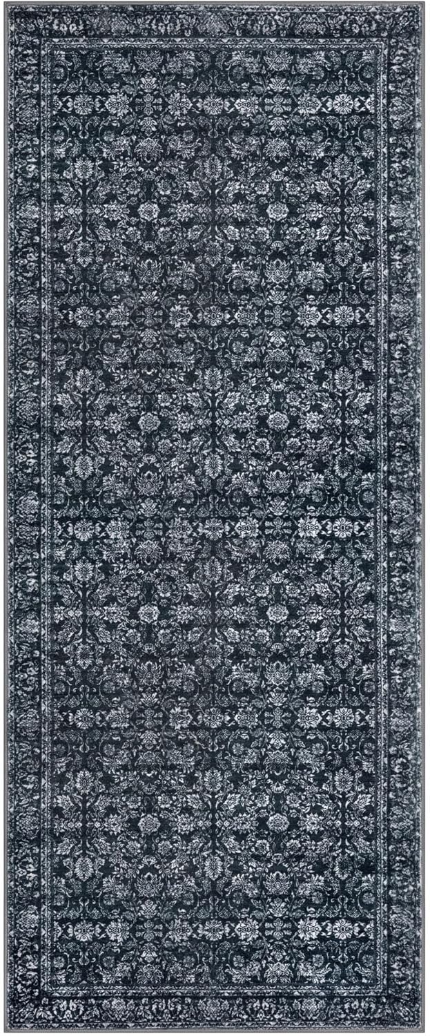 SIILOOM 2x5 Washable Runner Rug Black Small Area Rugs for Entryway, Soft Non-Slip Indoor Door Mat Distressed Floral Low-Pile Neutral Vintage Carpet for Entrance Kitchen Bedside Farmhouse