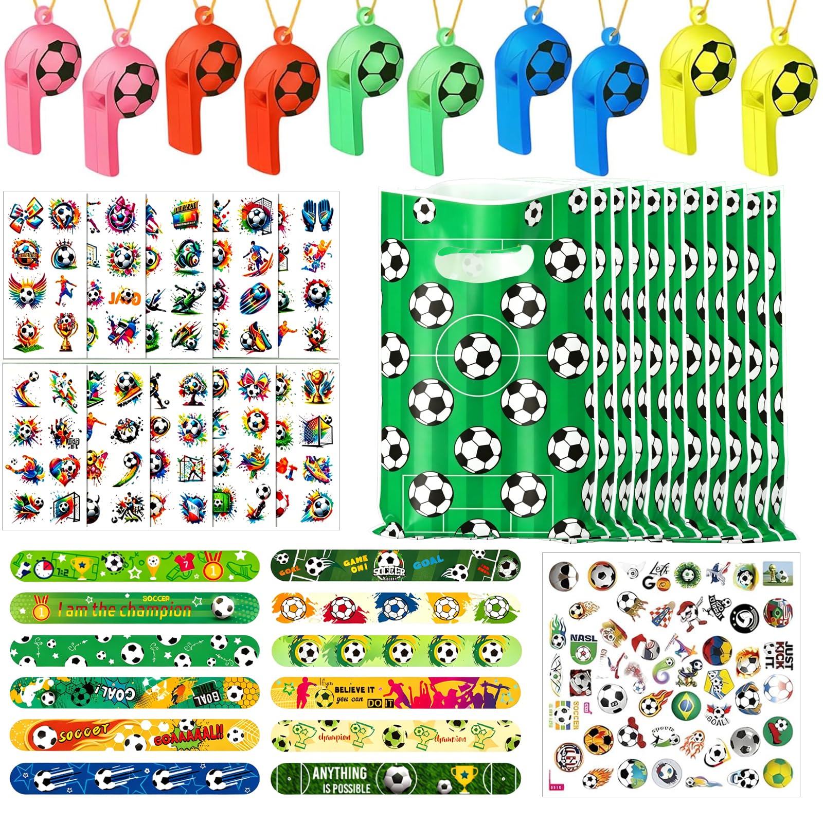 43Pcs Football Party Bags Fillers, Includes Whistle, Gift Bag, Snap Bracelets, Tattoo Stickers, Football Themed Stickers, Football Filler Kids Party Favours Supplies Gifts for Boys Girls Birthday