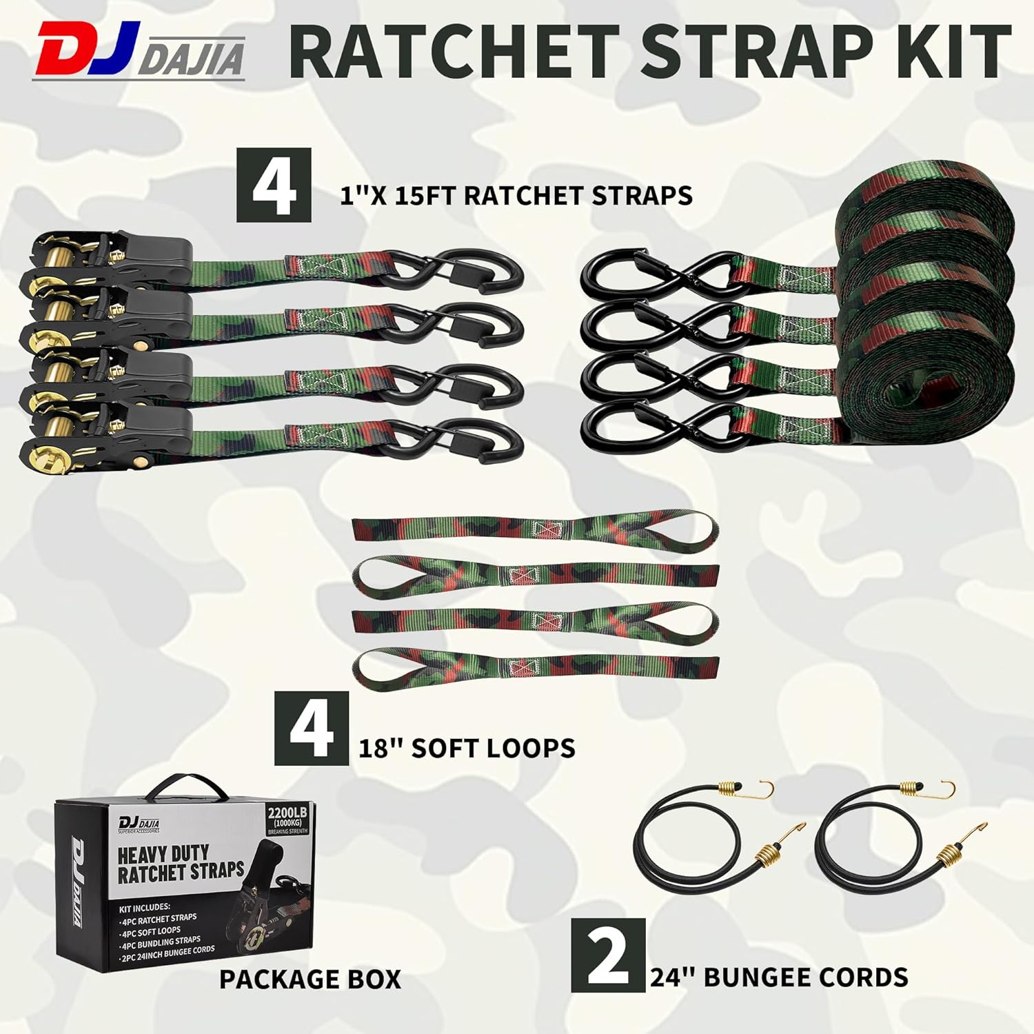Ratchet Straps 4 PK,2200LB Break Strength Tie Down Straps,1" X 15FT Cargo Ratchet Straps Heavy Duty with Coated Metal Hooks UTV Accessories for Motorcycle, Trucks-Camouflage