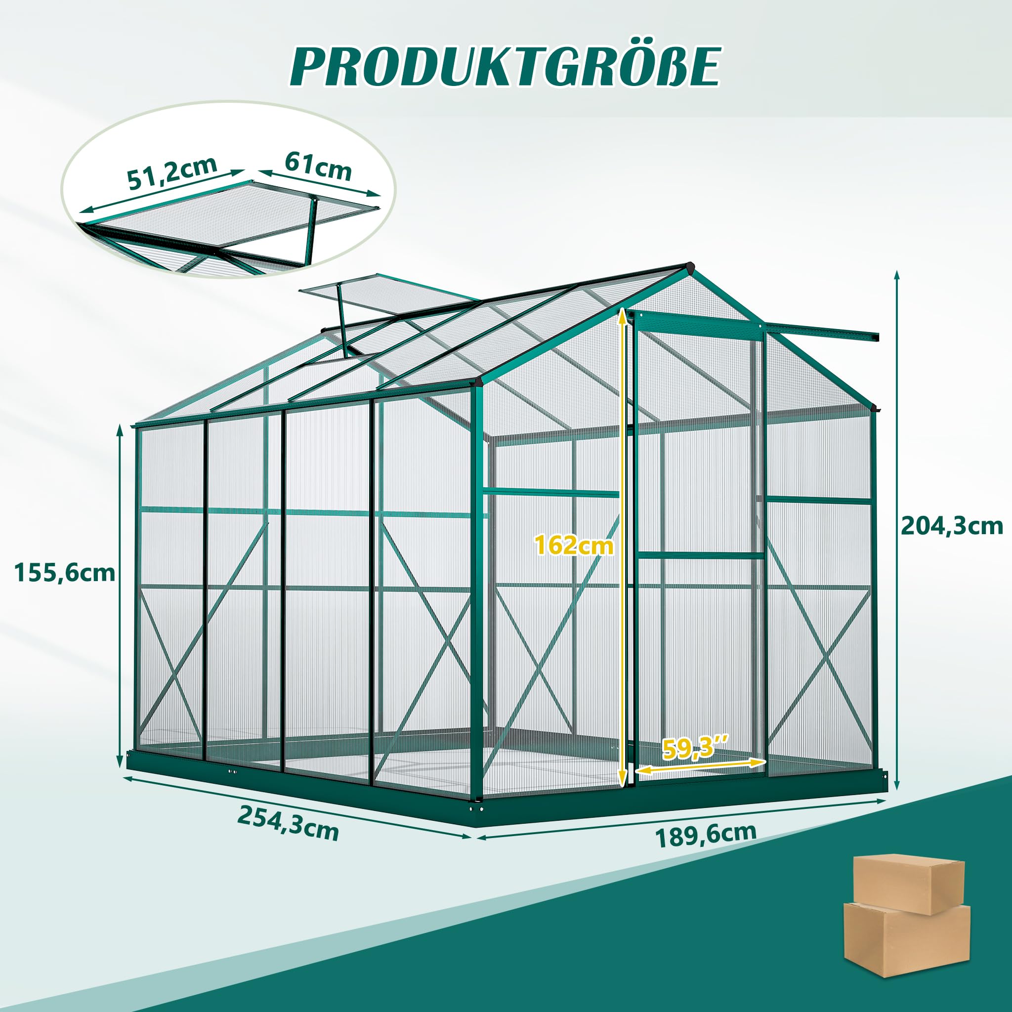 Gewächshaus 254×189×155cm Stabil und Sturmfest Transparente Polycarbonatplatte Wintergarten, Zimmergewächshaus für Verstellbarer Dachlüfter mit 4 Winkeln, Witterungsbeständigkeit Frühbeet,Tomatendach