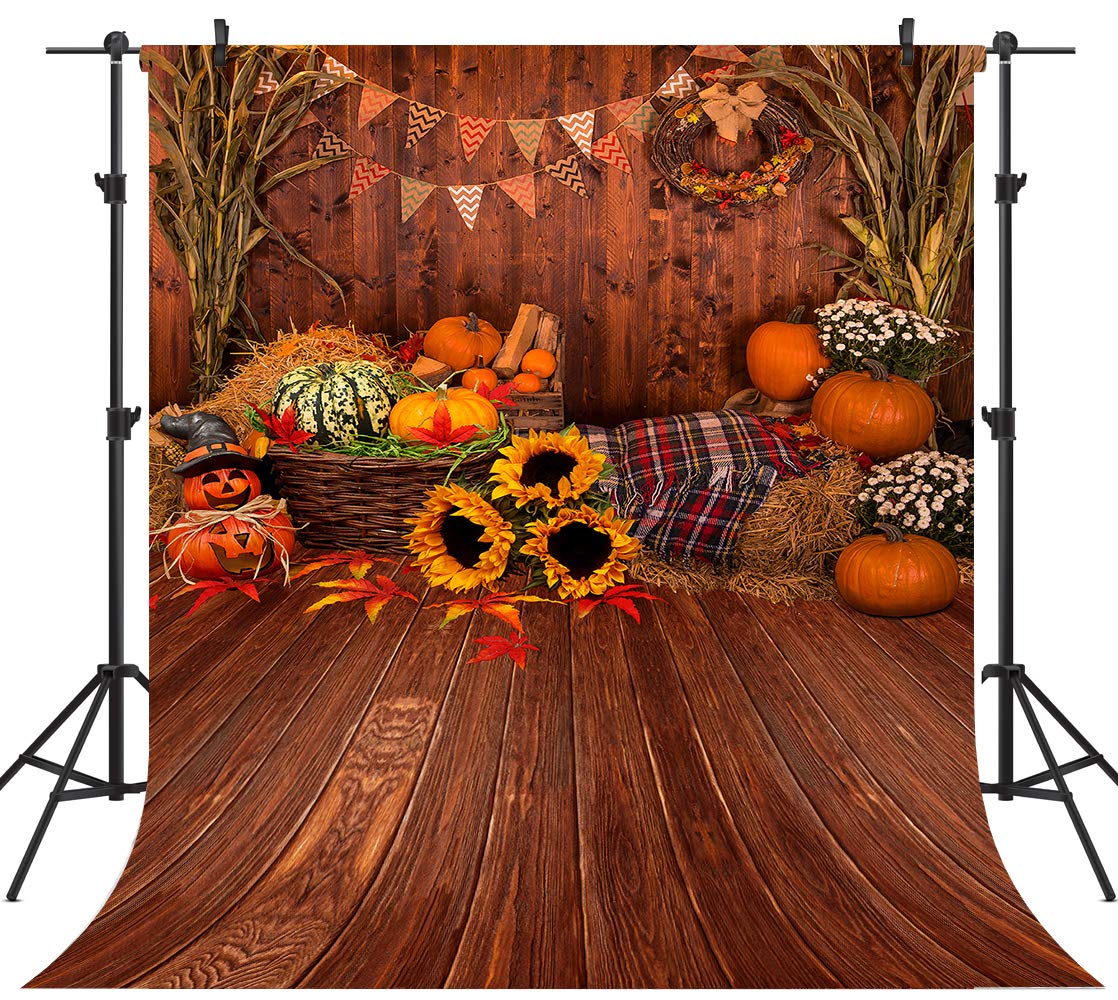 OUYIDA 10X10FT Fall Thanksgiving Wooden Floor Barn Autumn Pumpkins Maple Leaves Sunflower Baby Portrait Party Halloween Decoration Vinyl Photography