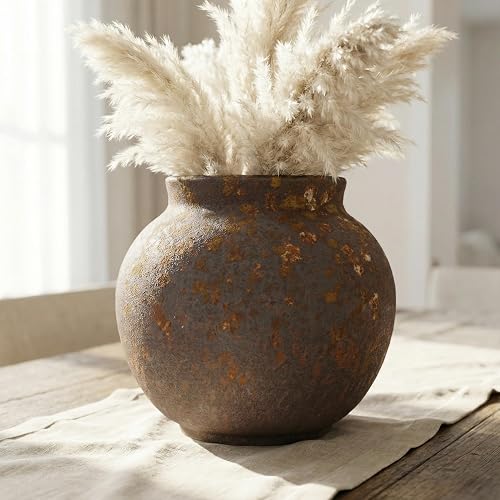 Small Round Ceramic Vase, Rustic Farmhouse Flower Vase - Handmade Clay Pottery Vase for Home Decor, Distressed Vintage Terracotta Planter Living Room, Shelf Decor, Enterway (Brown, 5.8)