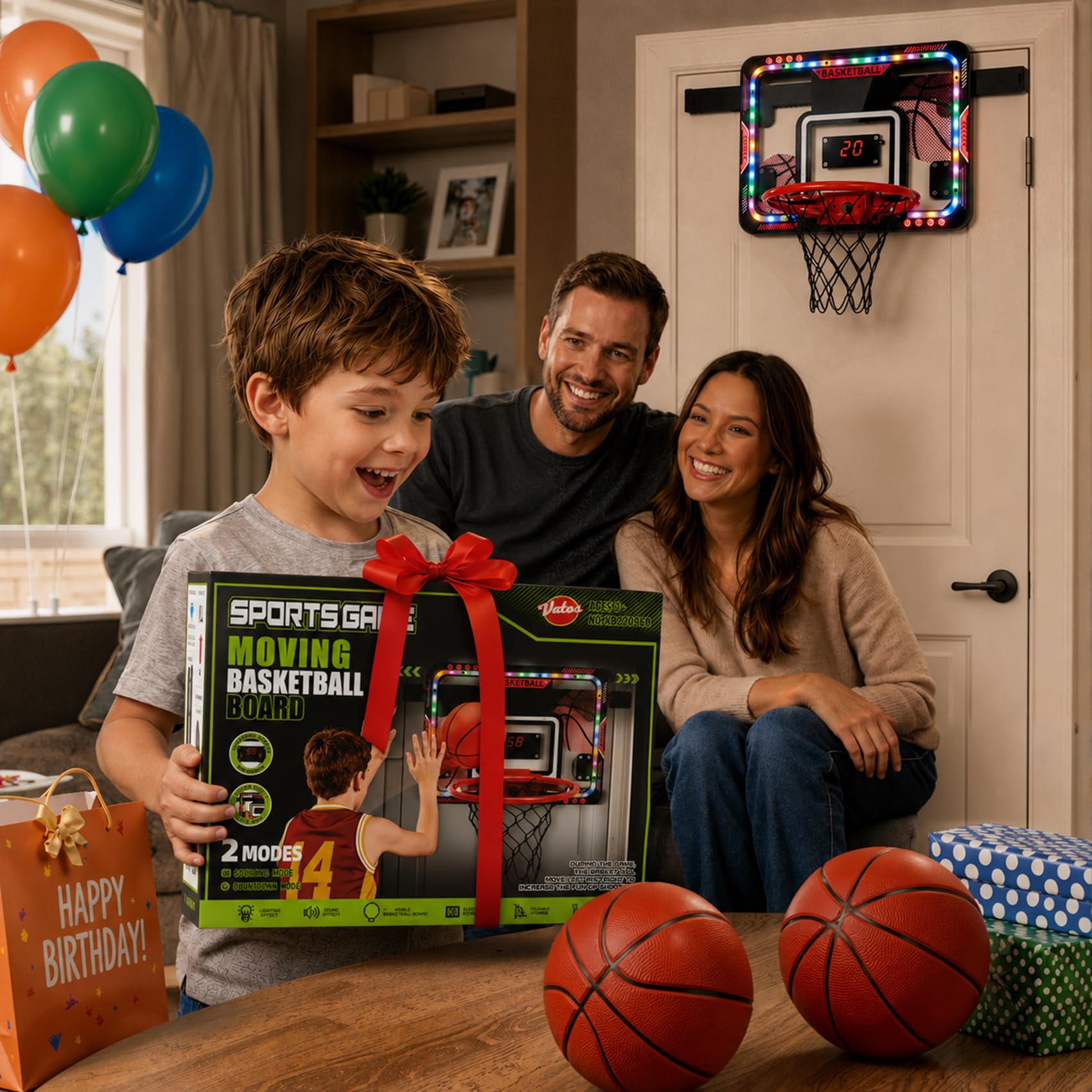 VATOS Canestro da Basket Mobile Interno per Bambini, Canestro da Basket da Porta con Luci Led/Tabellone Segnapunti/Palline, Giocattolo Basket Telecomandato, Regalo Divertente per Maschi