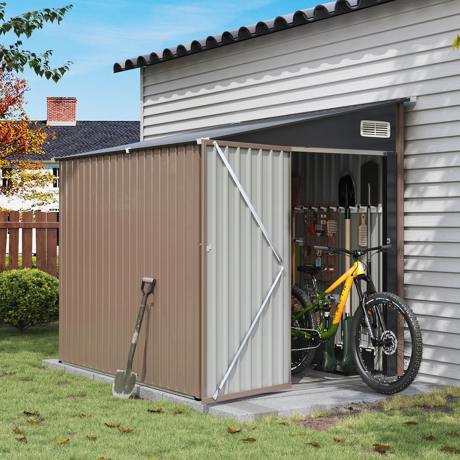 Aoxun 8×6ft Lean To Metal Garden Shed, Galvanized Steel Outdoor Storage with Lockable Door & Air Vent, Weatherproof Bike & Wheelie Bin Storage for Patio, Garage, Backyard