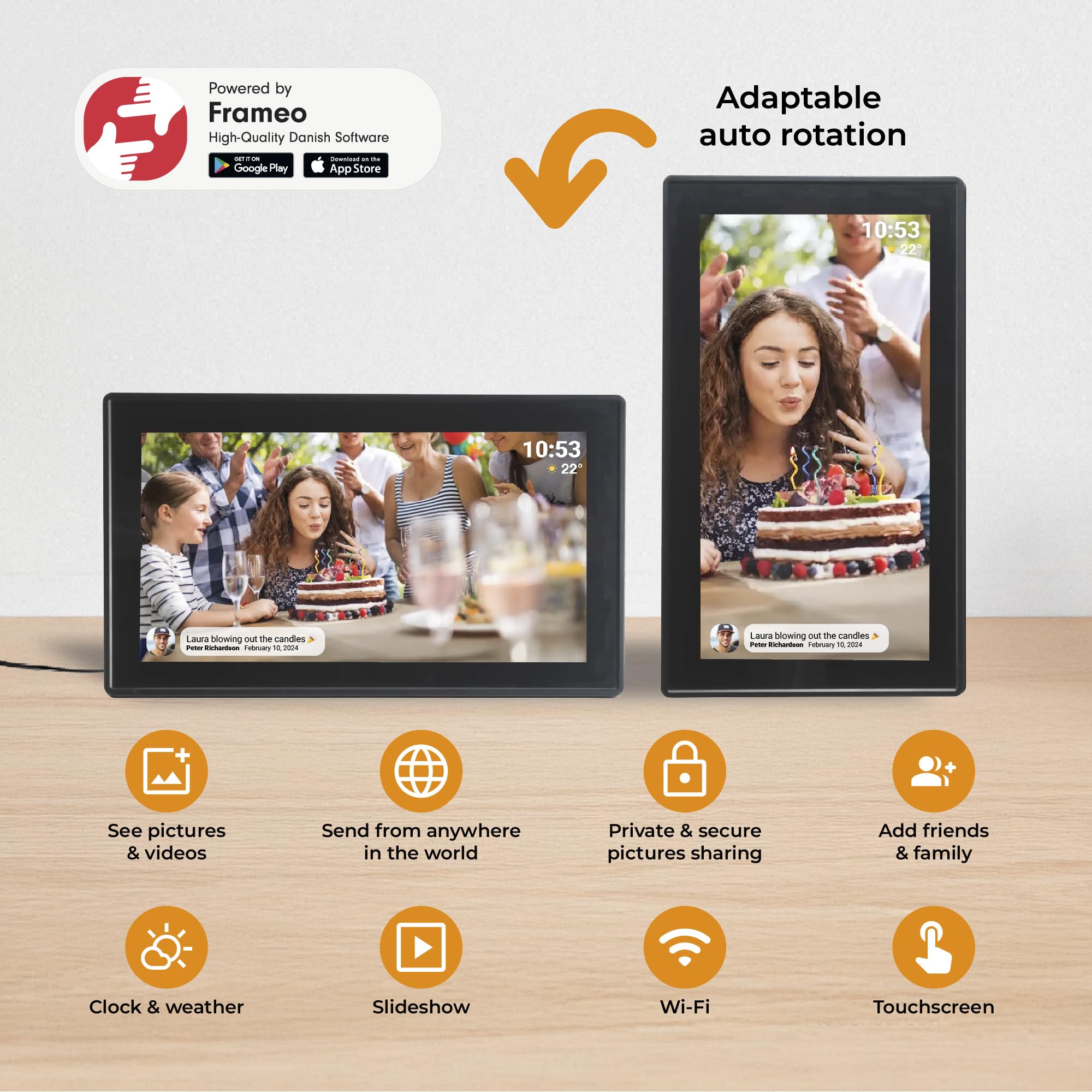 Denver PFF-1515B cyfrowa ramka na zdjęcia Wi-Fi – ekran dotykowy Full HD IPS 15,6", zintegrowane oprogramowanie FRAMEO, bezprzewodowe udostępnianie, automatyczne wyłączanie nocne, pamięć 16 GB, czarna