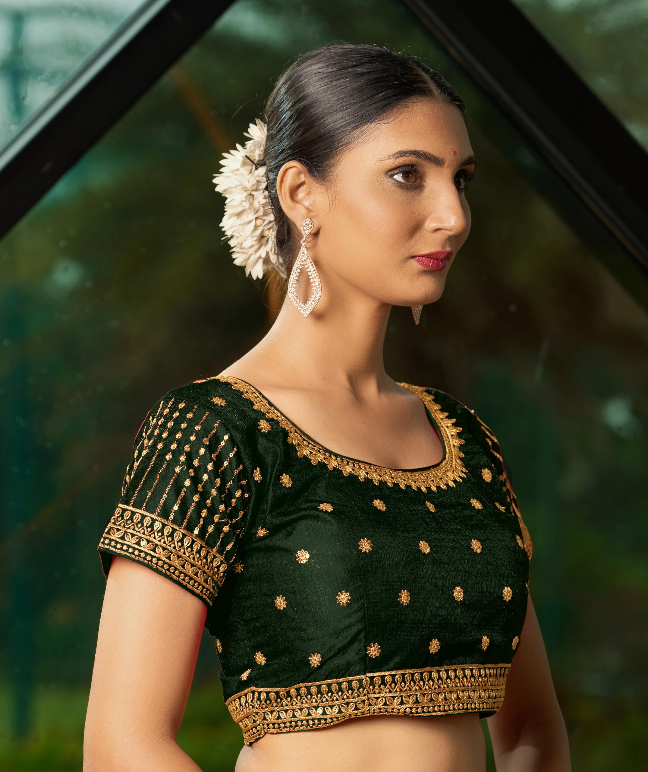 Pujia Mills Women's Dark Green Readymade Blouse Embroidery Multi Coding Gold Thread Indian Ethnic Designer Blouse Stitched Women's Readymade Short Sleeve Saree Blouse For Women For Saree Lehenga Choli