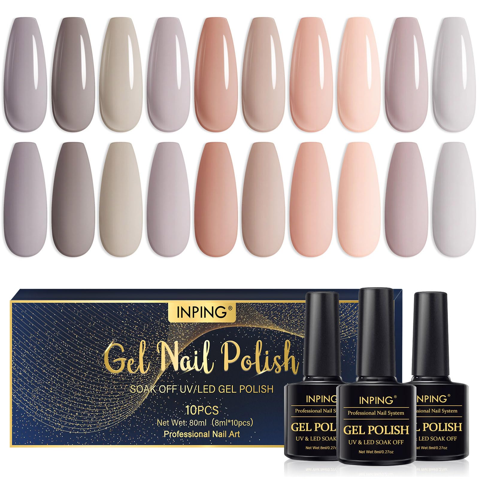 INPING Esmaltes Semipermanentes Desnudo, 10 Color Desnudo Natural Piel Pintauñas Gel, Albaricoque Desnudo Marrón Claro Gris Rosa Beige Pintauñas Semipermanente Gel UV LED para Manicura Franceses