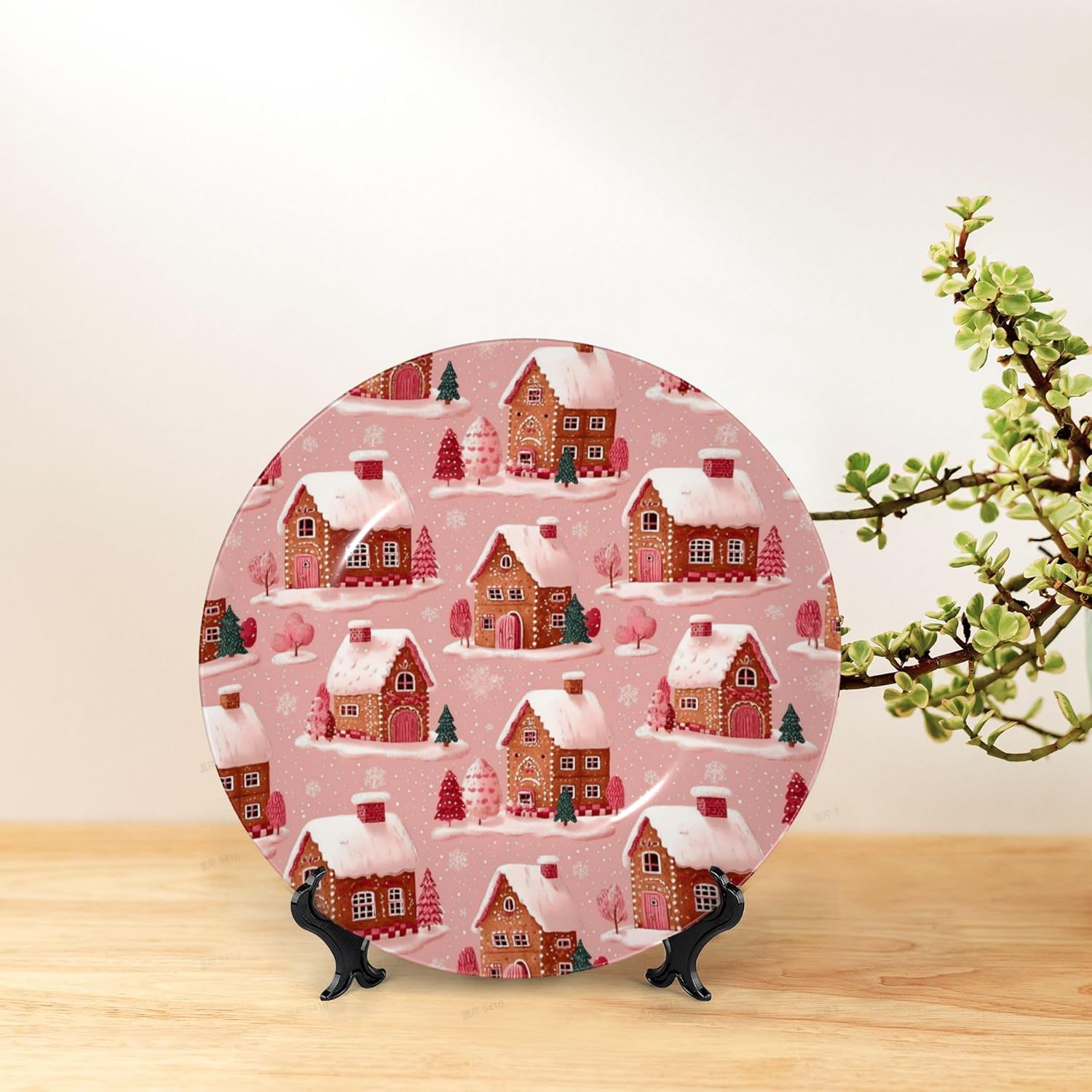 Decorative Plate Ceramic Plate for Wall Hanging 10in Accent Plate for Office Living Room Hallway Table Decor - Gingerbread Houses Pink Wonderland