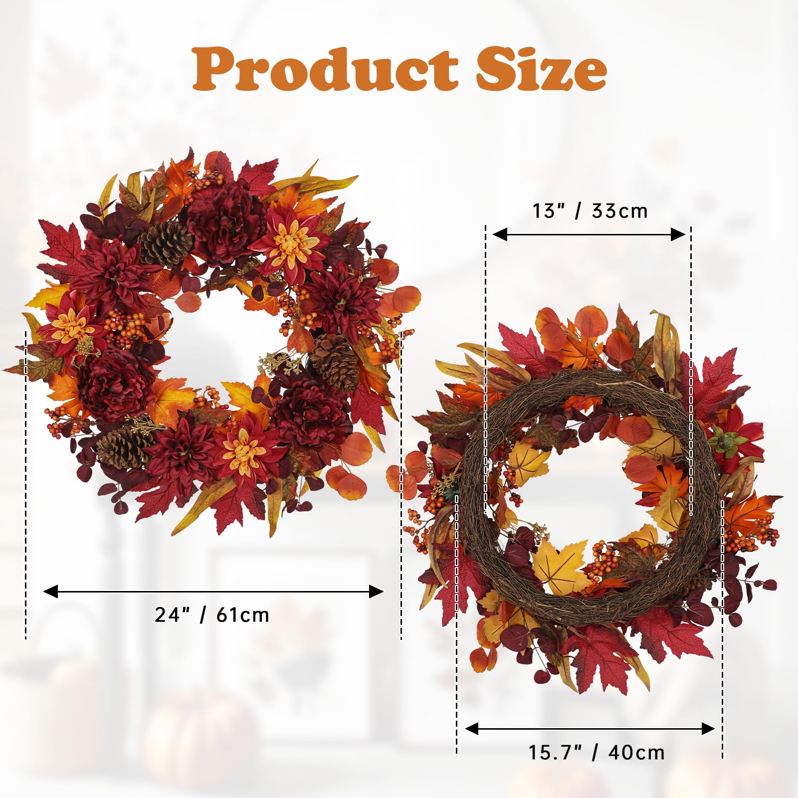 Briful Couronne d'automne 60 cm - Couronne de fleurs de dahlia artificielles - Couronne de fleurs de pin artificielles avec pommes de pin - Pour porte d'entrée - Décoration murale