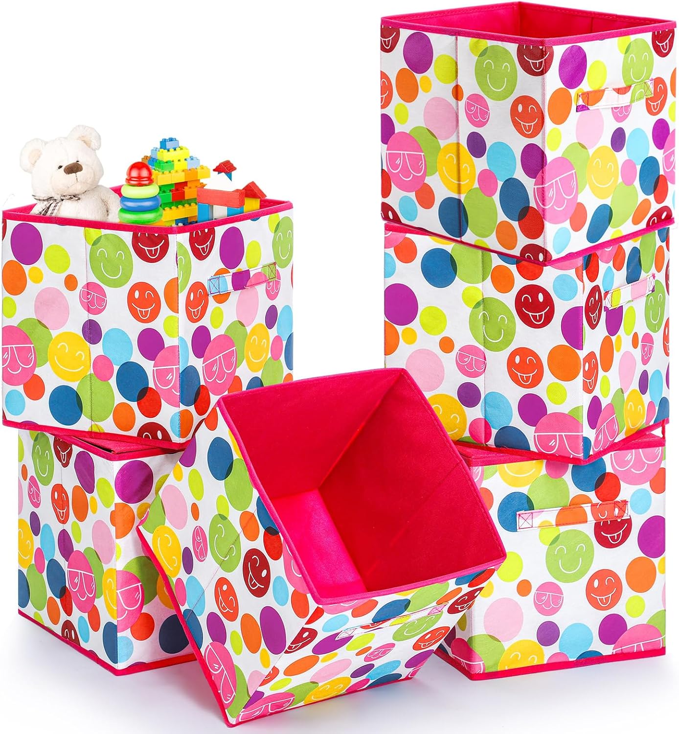 6 Pcs Back to School Storage Bins Classroom 11 Inch Smile Face Foldable Book Storage Bins with Handle Fabric Folding Basket Organizers for Back to School Classroom Nursery Room(Colorful Smile Face)