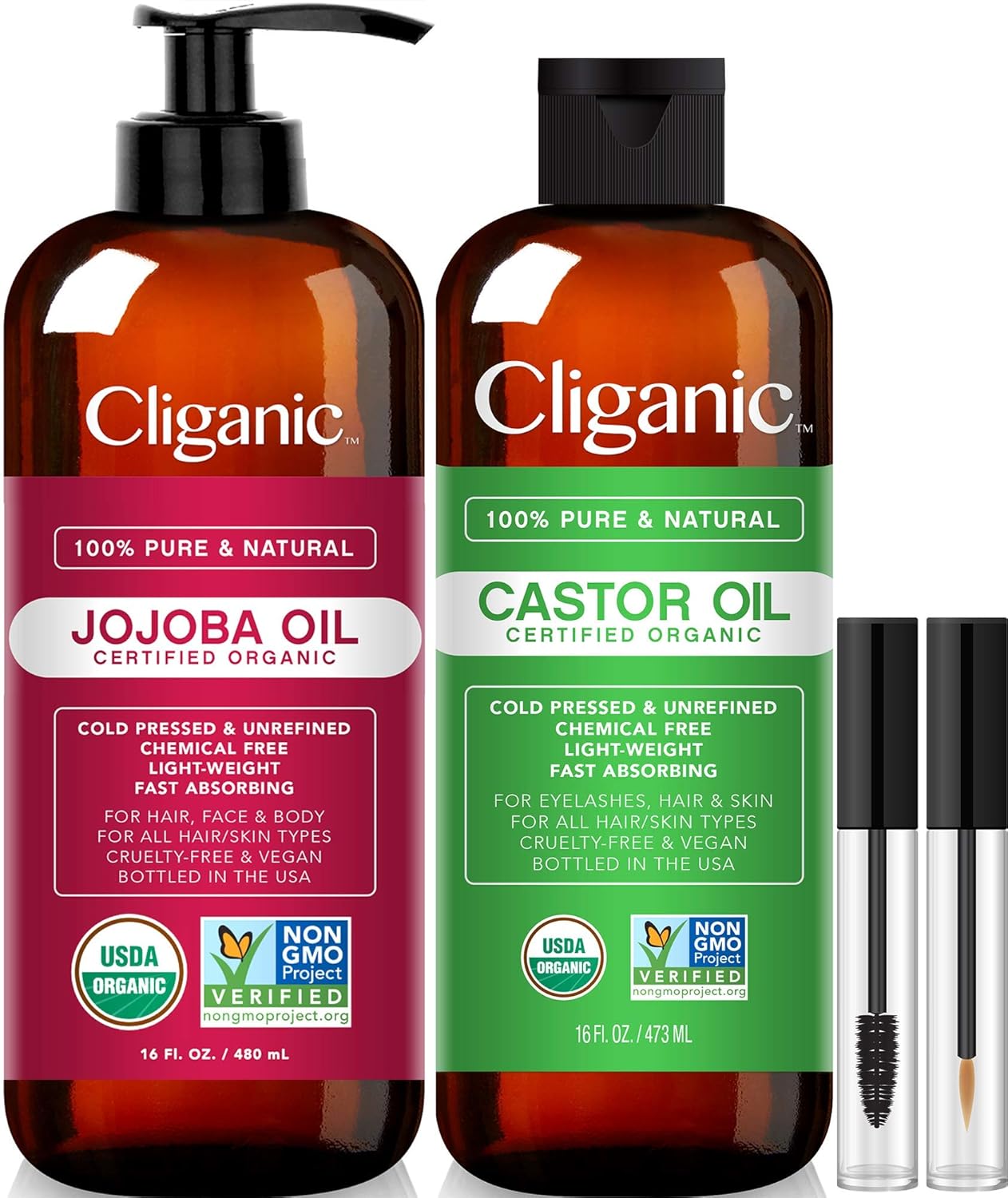Cliganic Organic Carrier Oil Duo - Jojoba Oil 16oz and Castor Oil 16oz