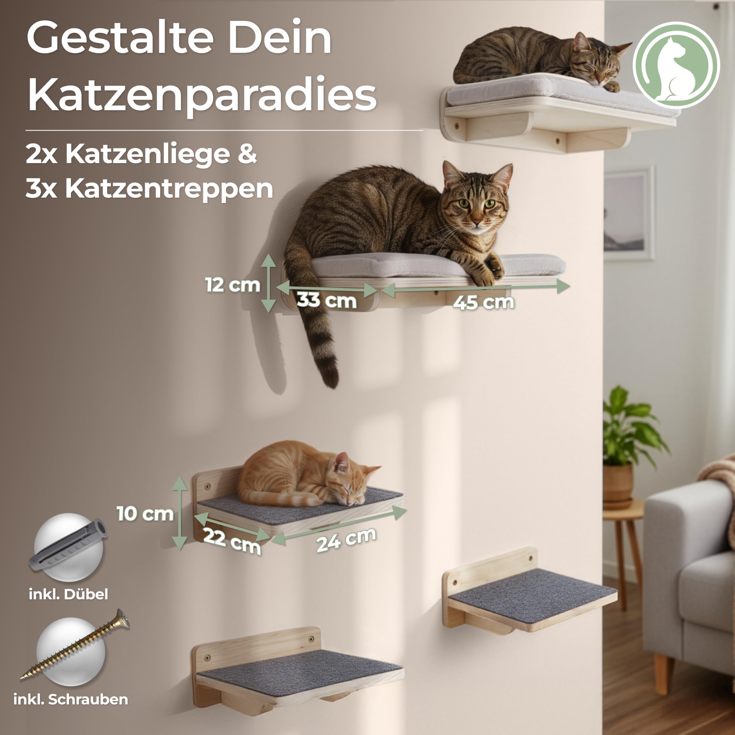 WOOWOOD® 2X Kletterwand Katzen - 2X Katzentreppe Wand [Vollholz] - Kratzbaum Wand - Hängematte Katze - Wandkratzbaum - Katzenmöbel - Katzenwand - Katzen Kletterwand Set (5 teilig)