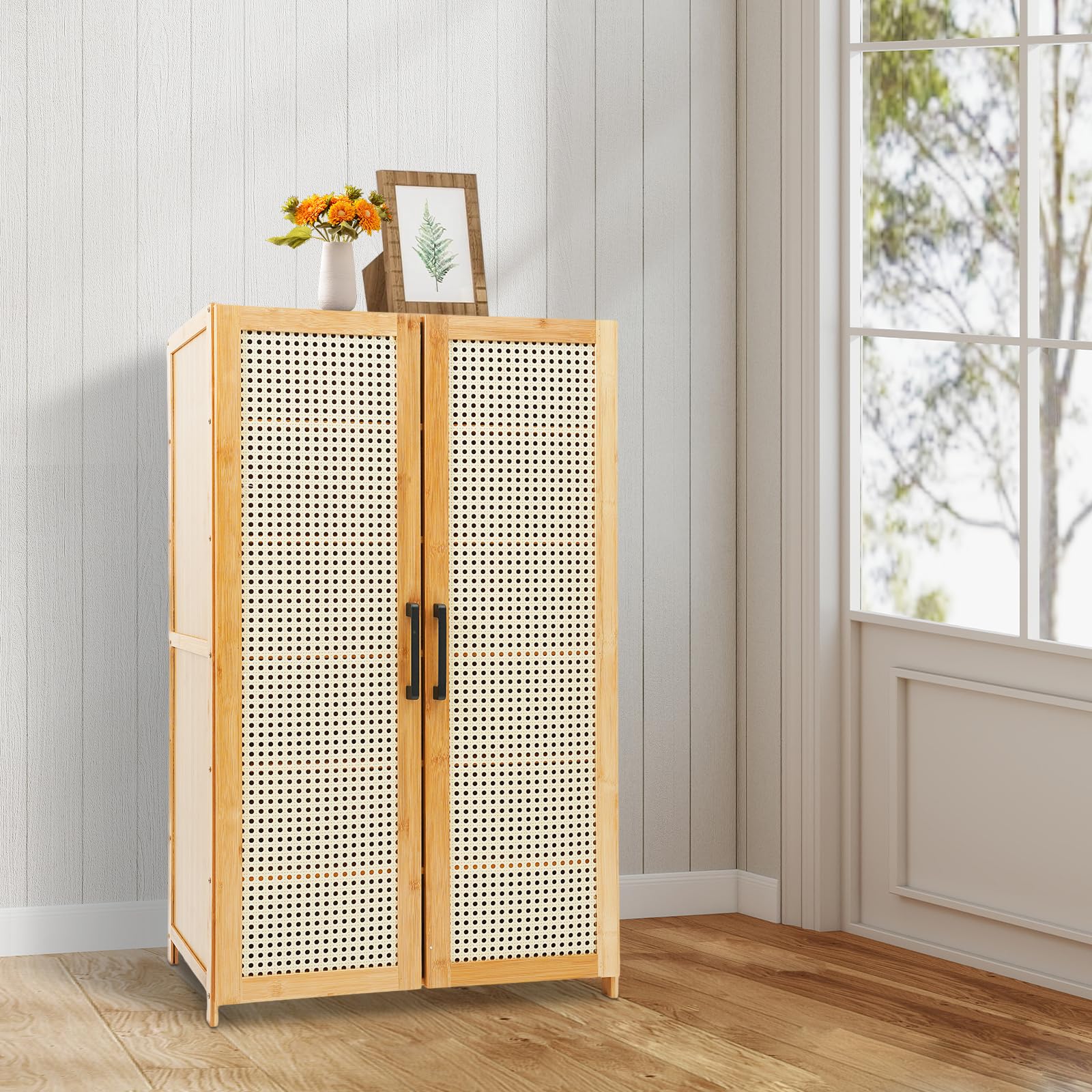 Scarpiera in bambù, 6 scomparti, molto resistente, con porte, per corridoio, soggiorno, camera da letto, ventilata, regolabile, 60 x 33 x 100 cm