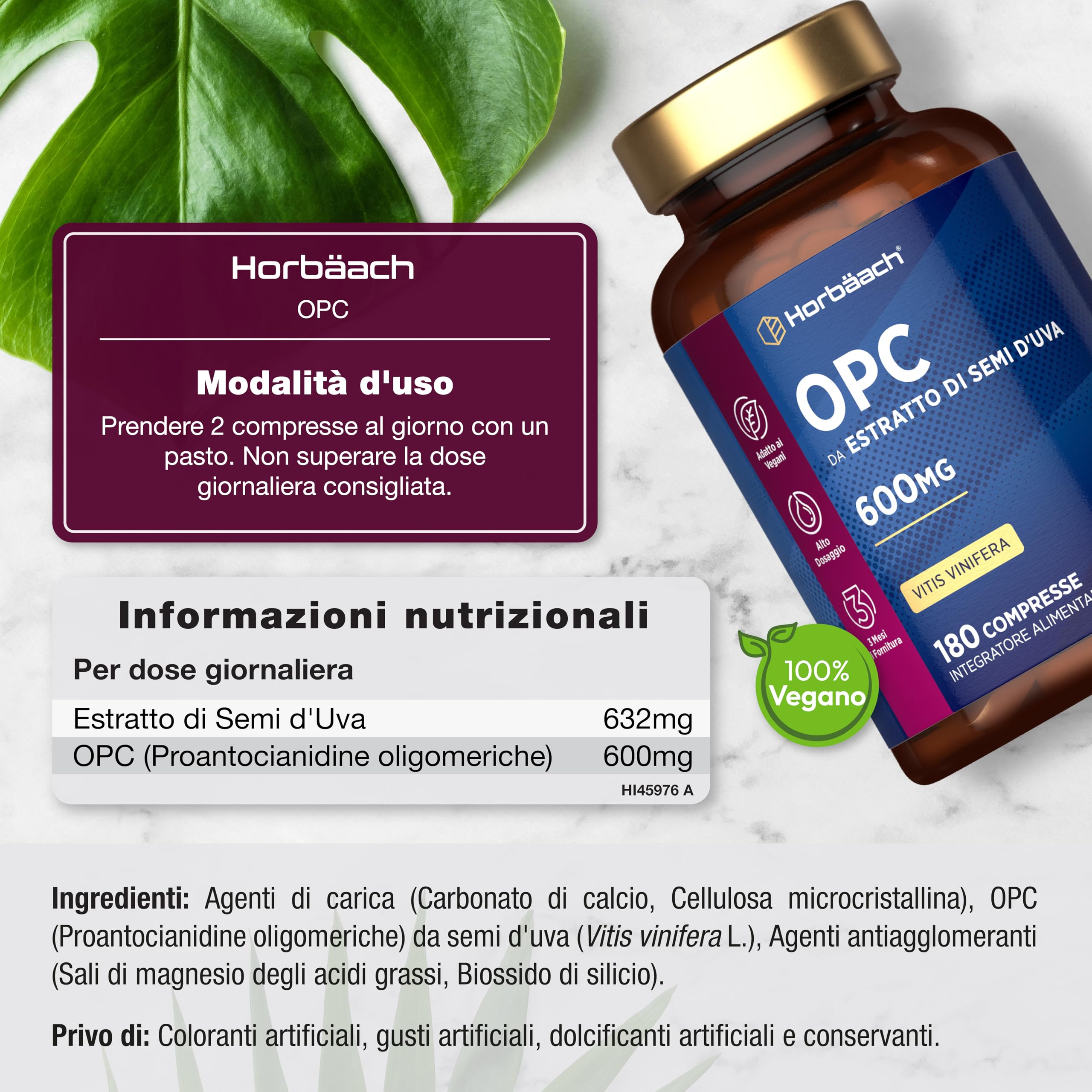 OPC Integratore | 180 Compresse Vegane | Proantocianidina Oligomerica 95% | 600mg di OPC Estratto di Semi d'Uva | Alto Dosaggio | Grapeseed Extract | di Horbaach