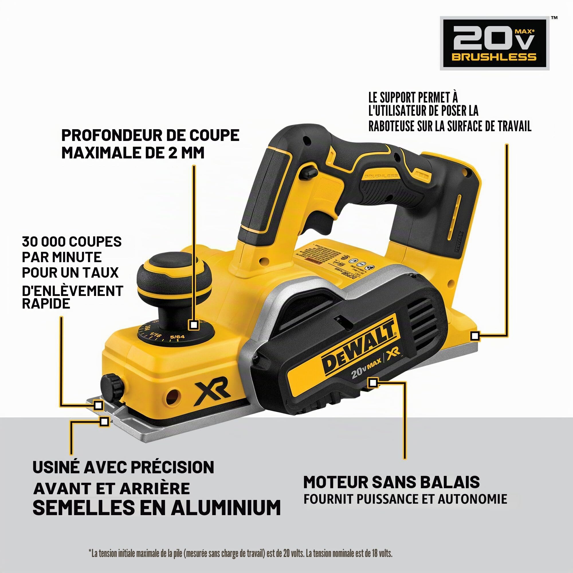 DEWALT Raboteuse 20 V MAX, 30 000 coupes par minute, profondeur de coupe de 2 mm, moteur sans balais, outil nu uniquement (DCP580B)