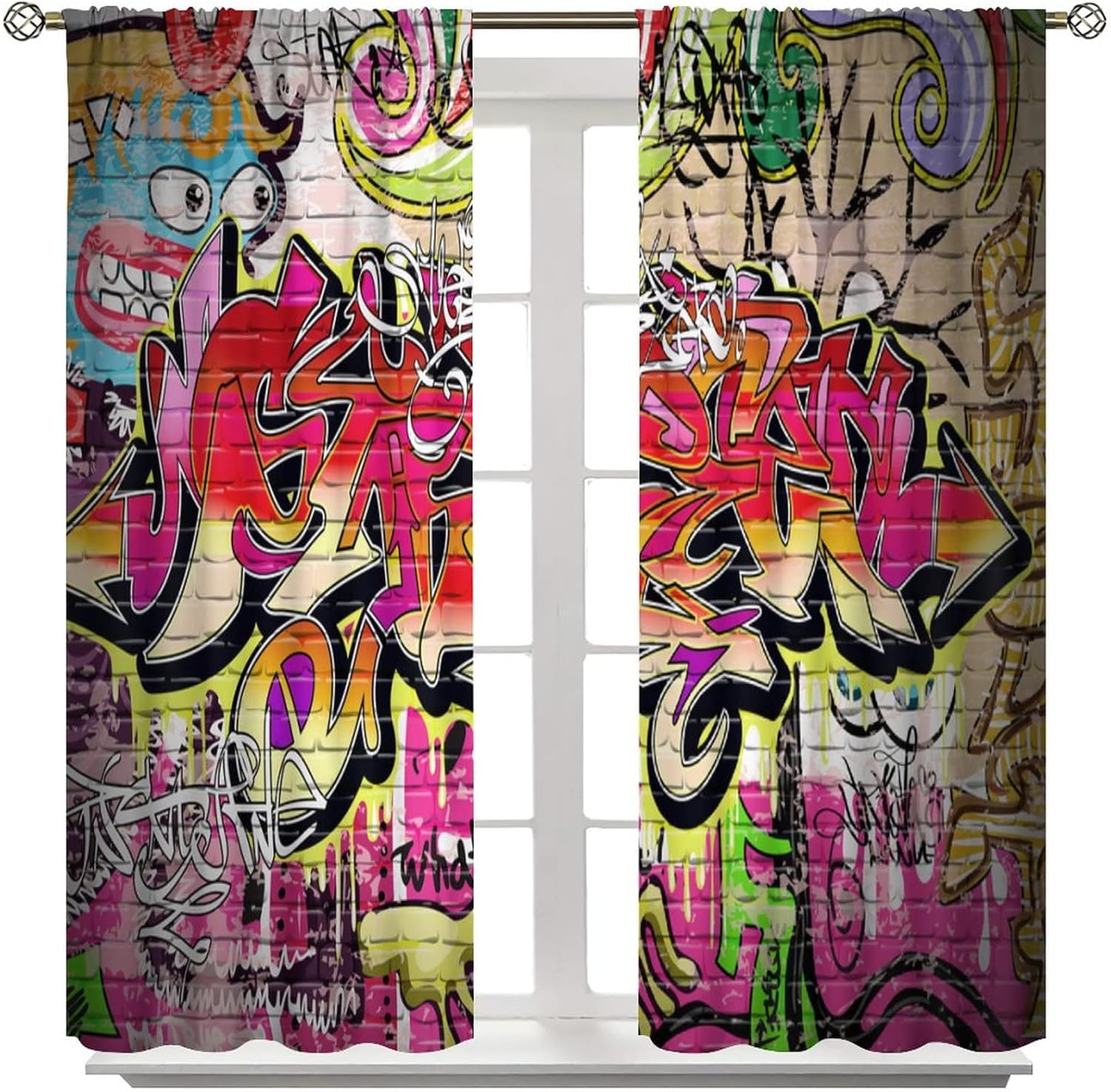 Brick Wall Curtains,Graffiti Grunge Art Wall Modern City Urban Landscape Print Curtains for Teens Bedroom Living Room Kitchen Café Window Drapes 2 Panel Set,Total Size 42" x 45"