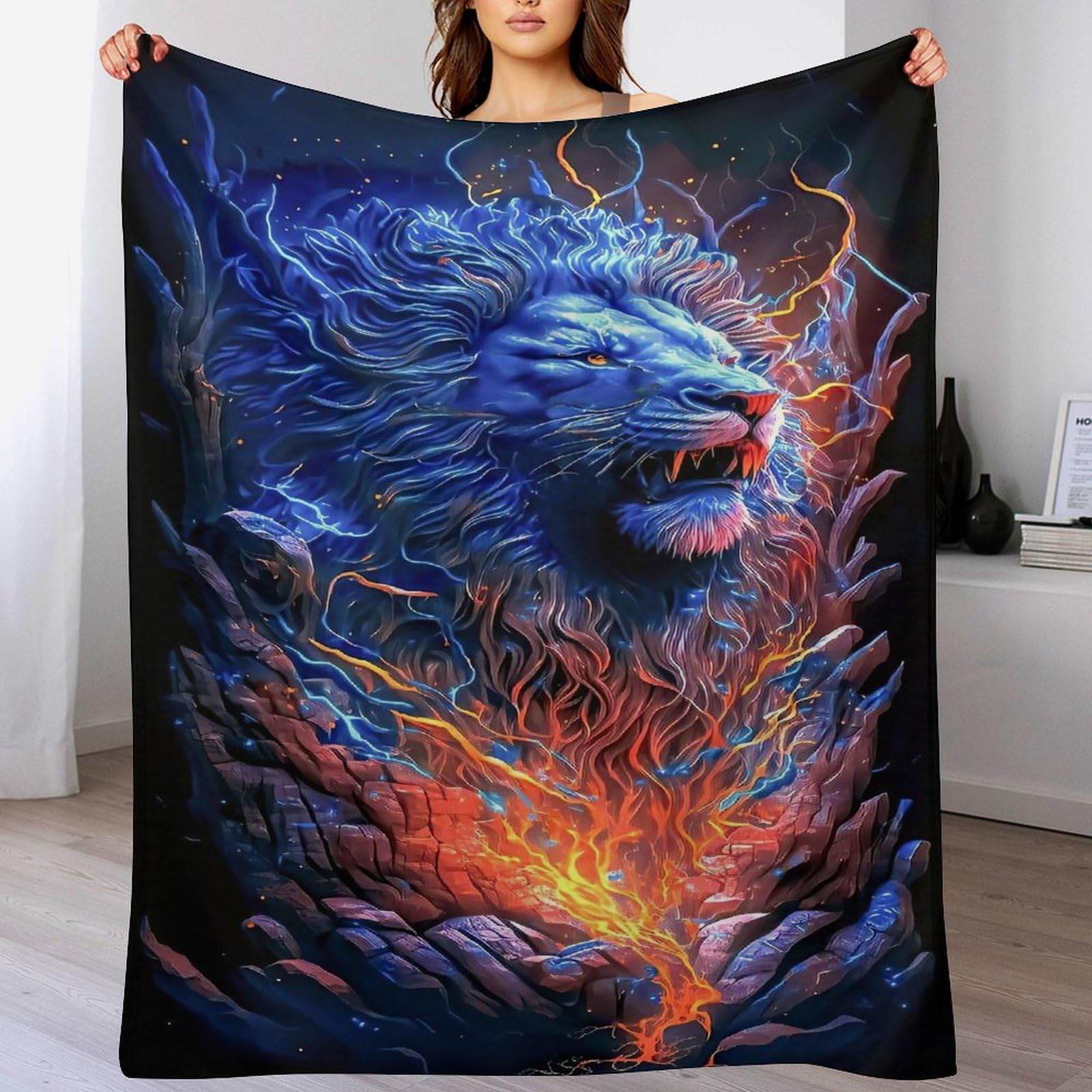Couverture lit et canapé doux flannel motif lion, plaid chaud léger de décoration