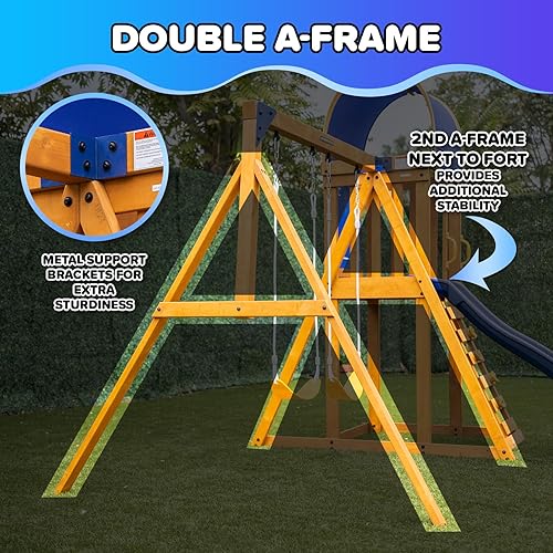 Miniatura 3 de Sportspower Roswell - Juego de columpios de madera juego fuerte, banco con mesa, caja de arena, trapecio y tobogán de 8 pies, negro, verde y blanco