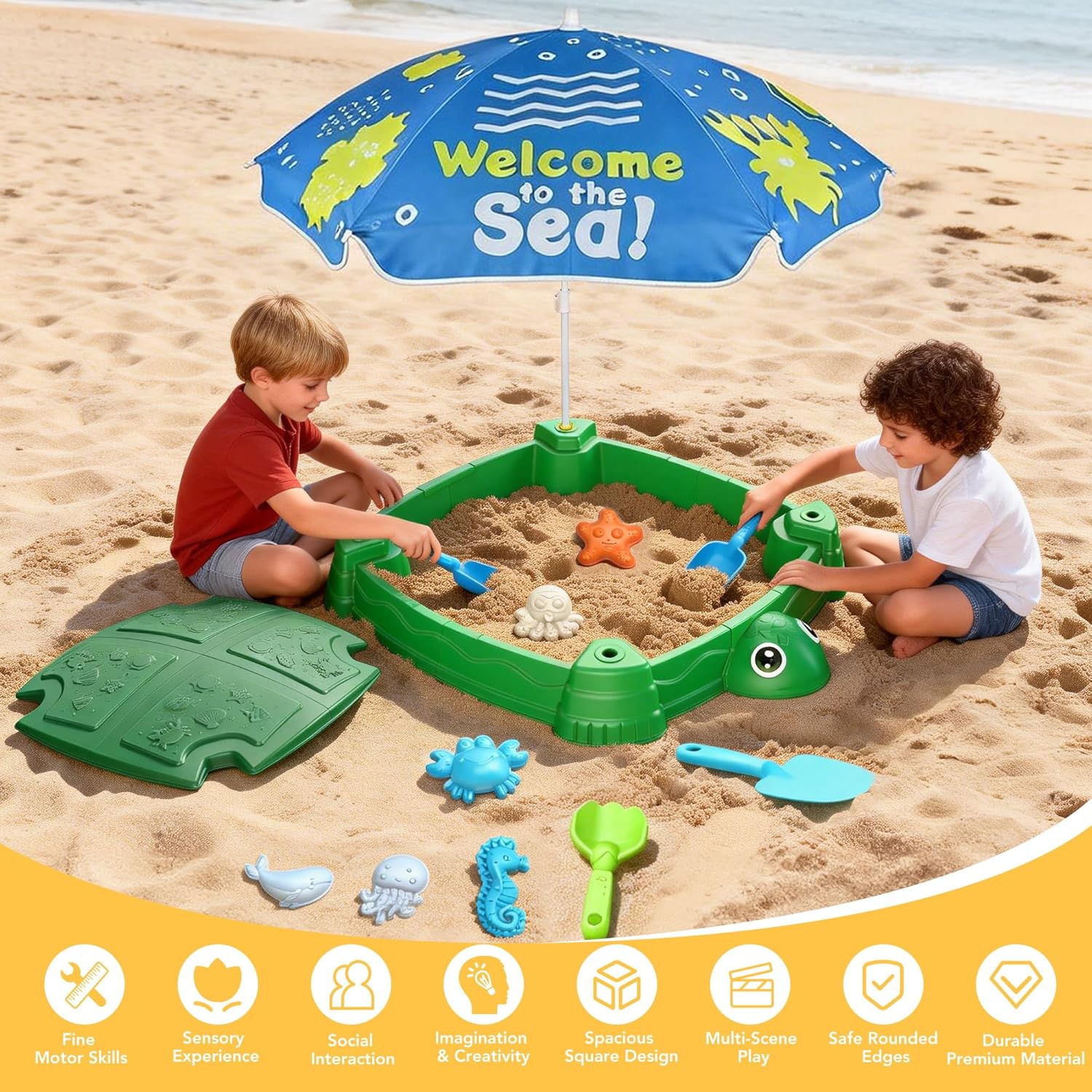 Turtle Sandbox with Lid and Adjustable Umbrella, Large Square Sand Box with 6 Molds & 4 Shovels, Outdoor Beach Toys for Toddlers Ages 3+
