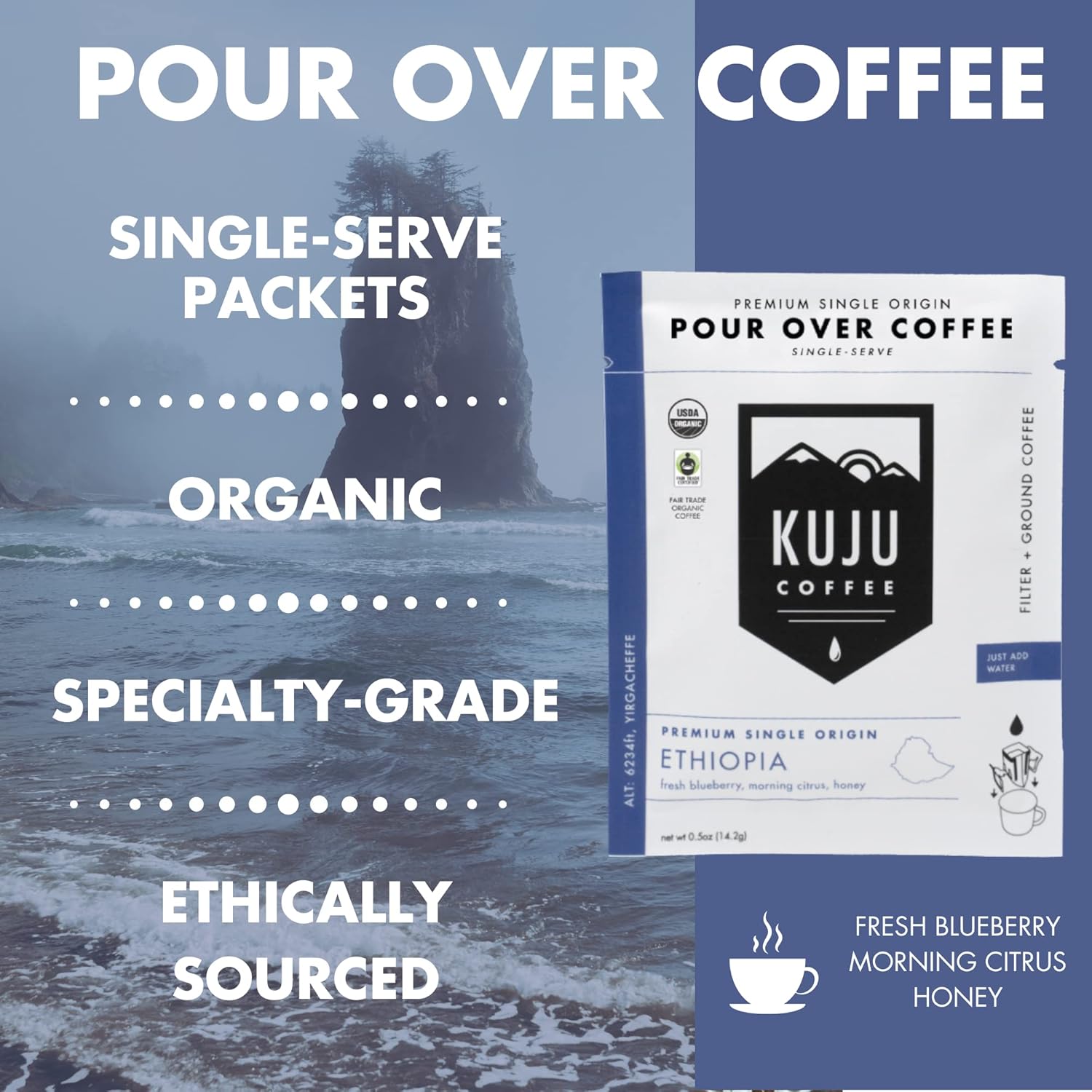 Kuju Coffee Premium Pour Over Individual Coffee Packets - Backpacking, Travel, Camping Organic Coffee Singles - Fair Trade & Eco-Friendly - Ethiopia - Yirgacheffe, 6-pack