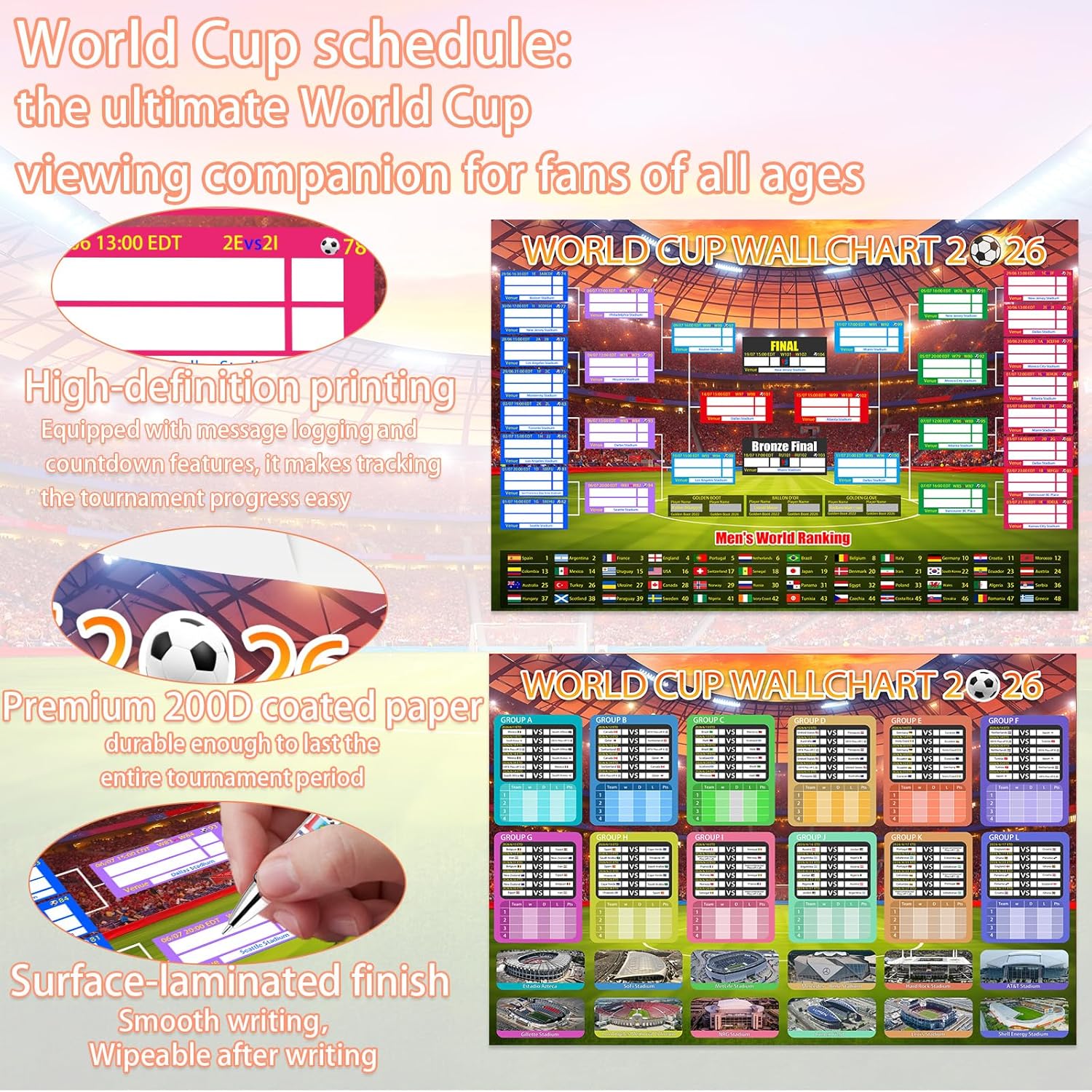 2026 Schedule Poster Set - 2 PCS Large 60x84cm Tournament Wall Chart with Ball 2026 Design, No Crease Matte Finish, Includes Marker & Accessories for Fixture Tracking - Soccer Fans Gift & Decor (2) - Image 3