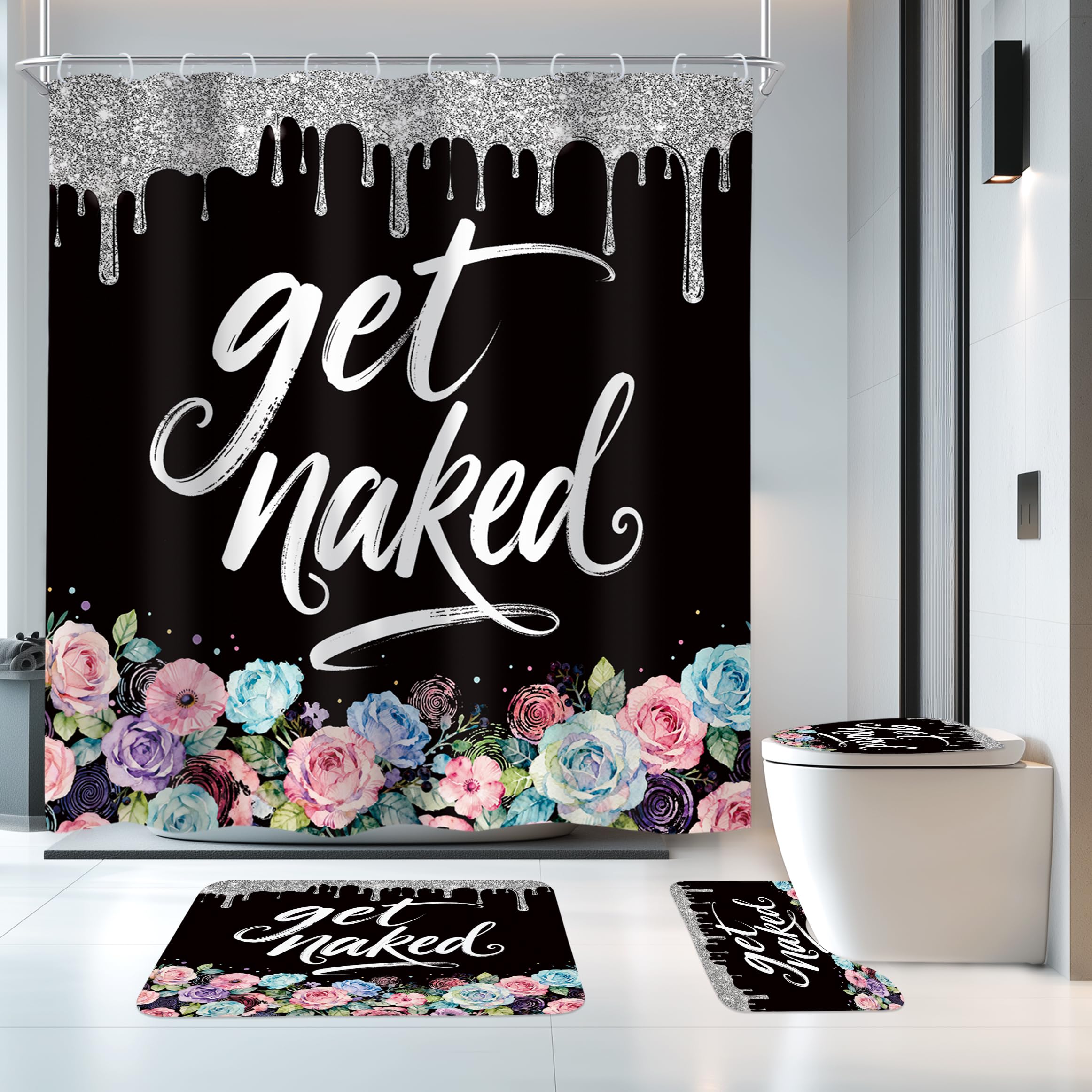 Diamonds Black Get Naked Bright 4Pcs Bathroom Shower Curtain Set with Rugs