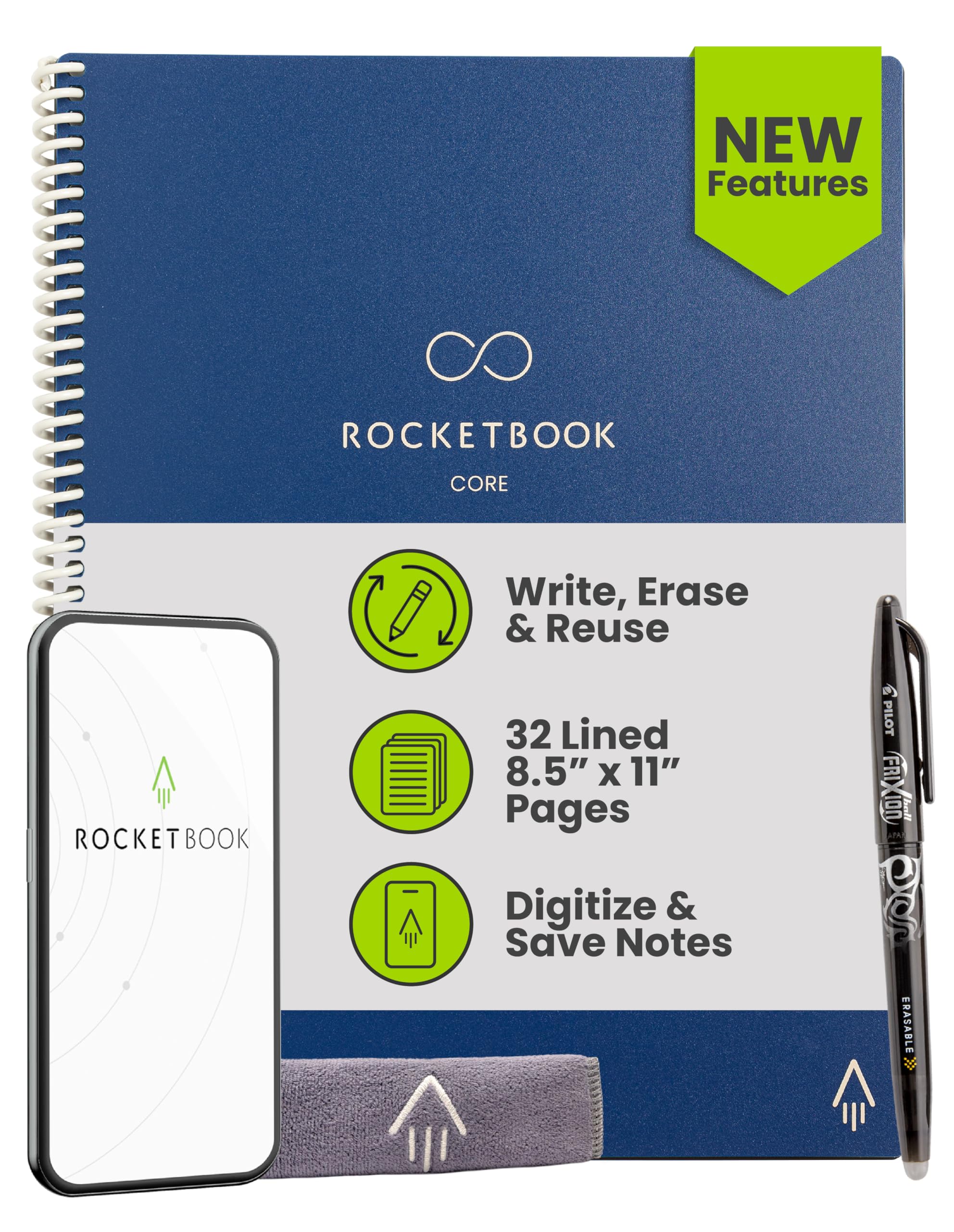 Rocketbook New Core Reusable Spiral Notebook, Letter Size 8.5x11, Navy Blue - Lined Pages, App-Connected, Erasable, Durable Cover, Ideal for School, Work, and Creative Projects